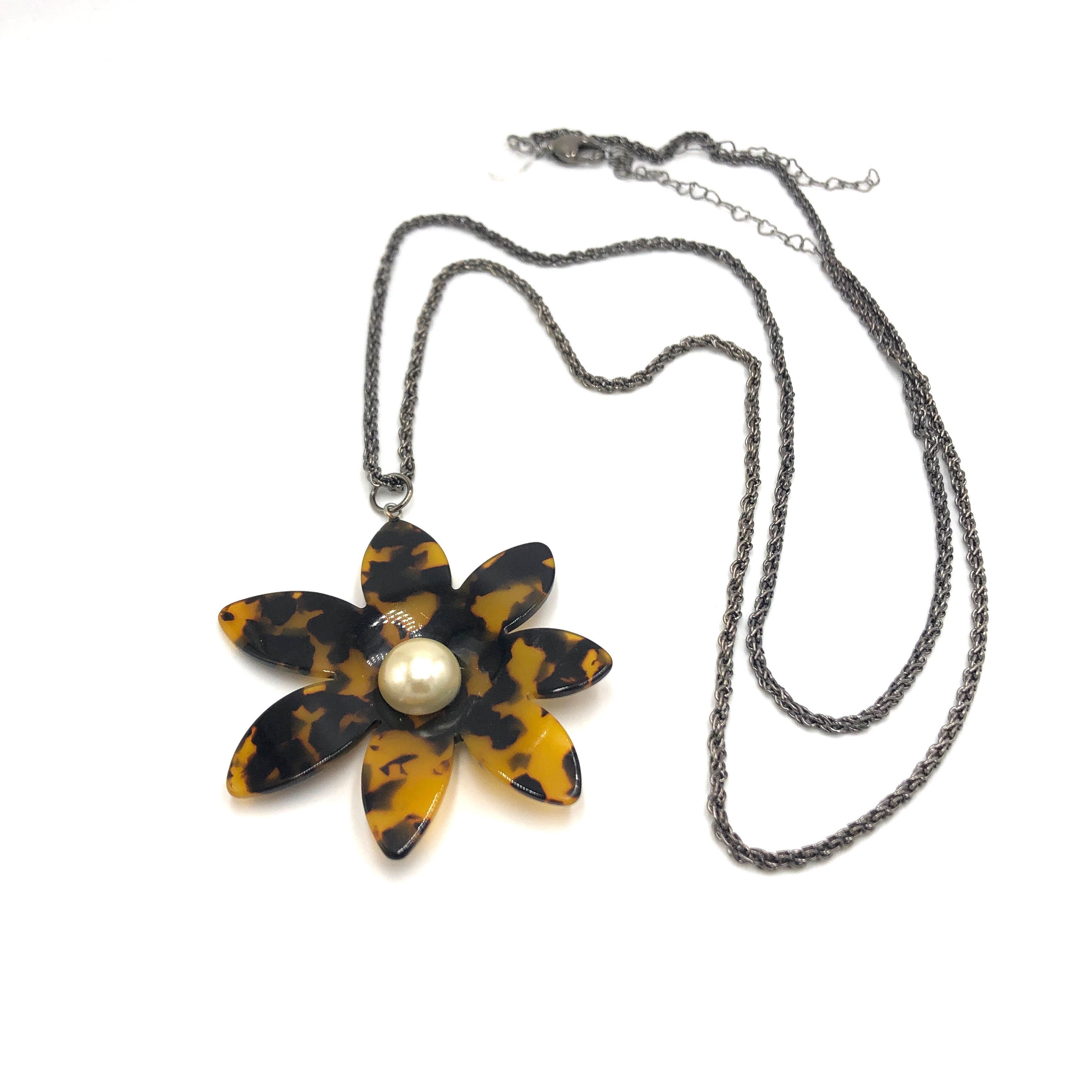 Tortoise Flower Pendant Chain Necklace - Long Rope