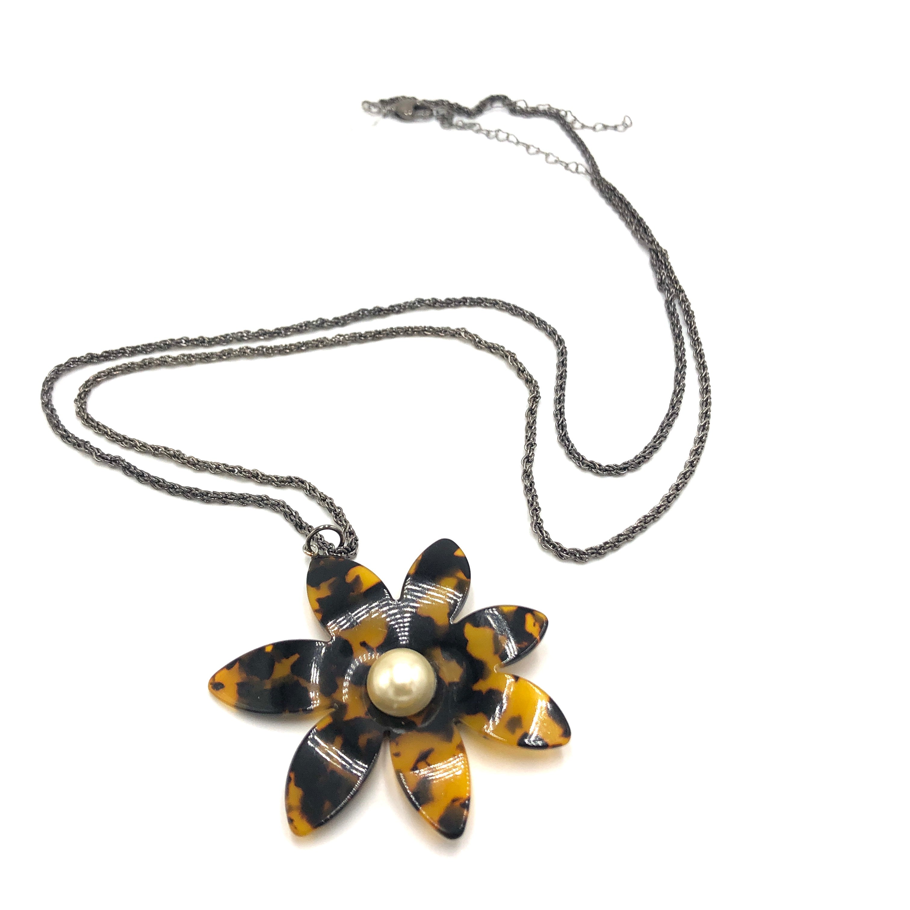 Tortoise Flower Pendant Chain Necklace - Long Rope