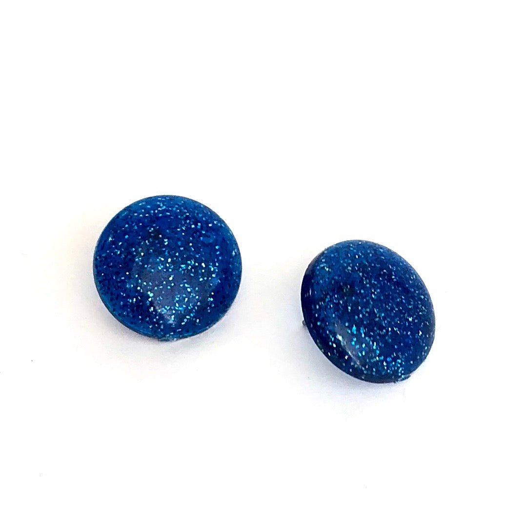Blue Glitter Lucite Retro Button Stud Earrings