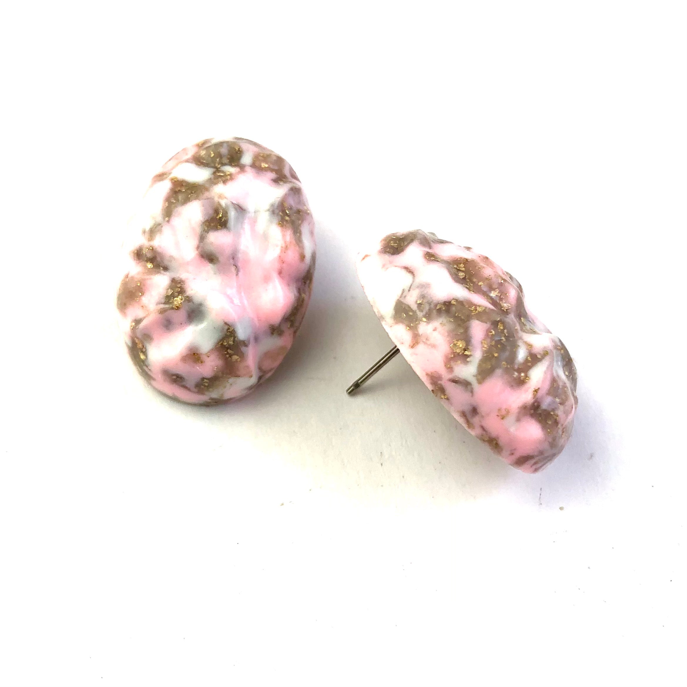 Pink Metallic Glitter Nugget Oval Button Studs
