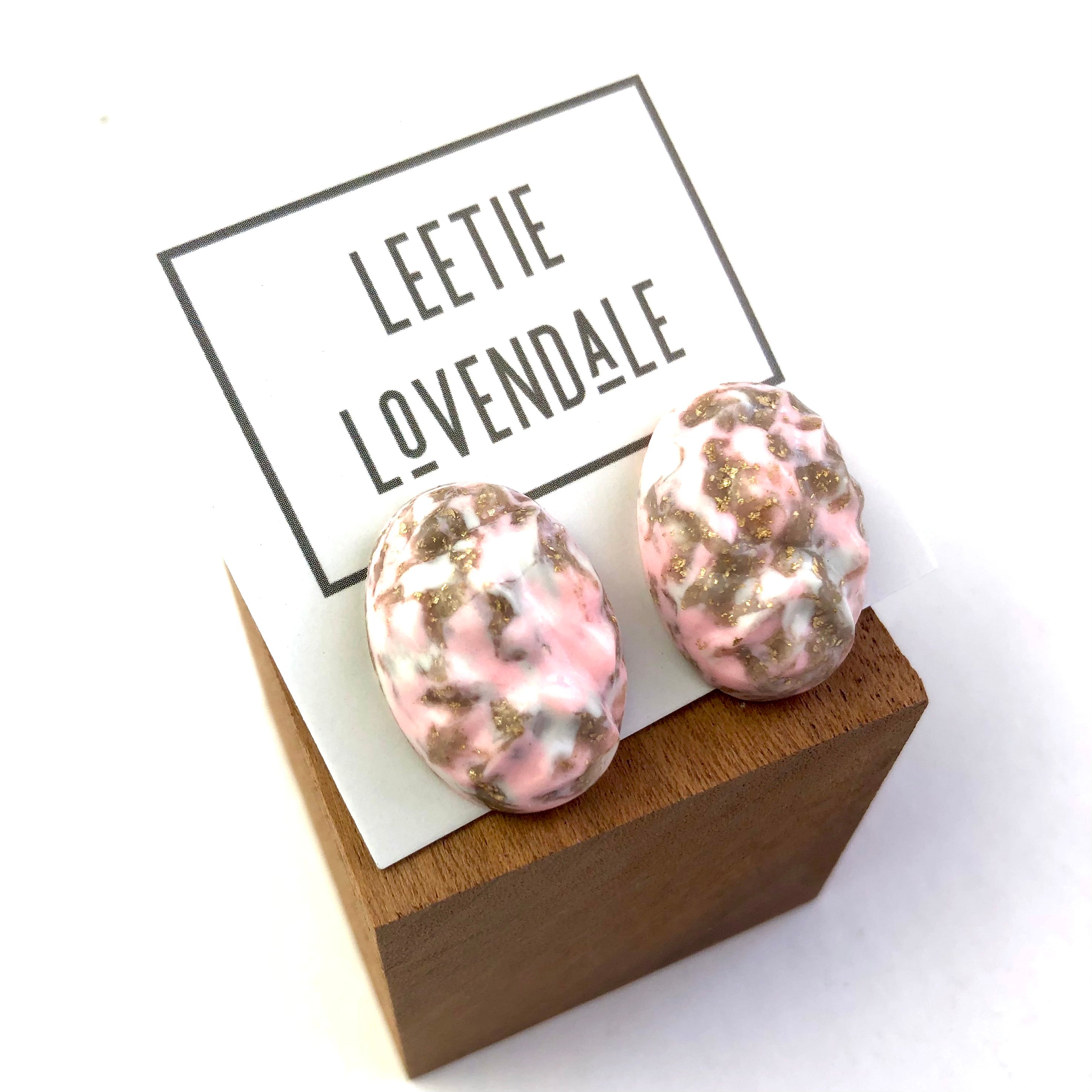 Pink Metallic Glitter Nugget Oval Button Studs