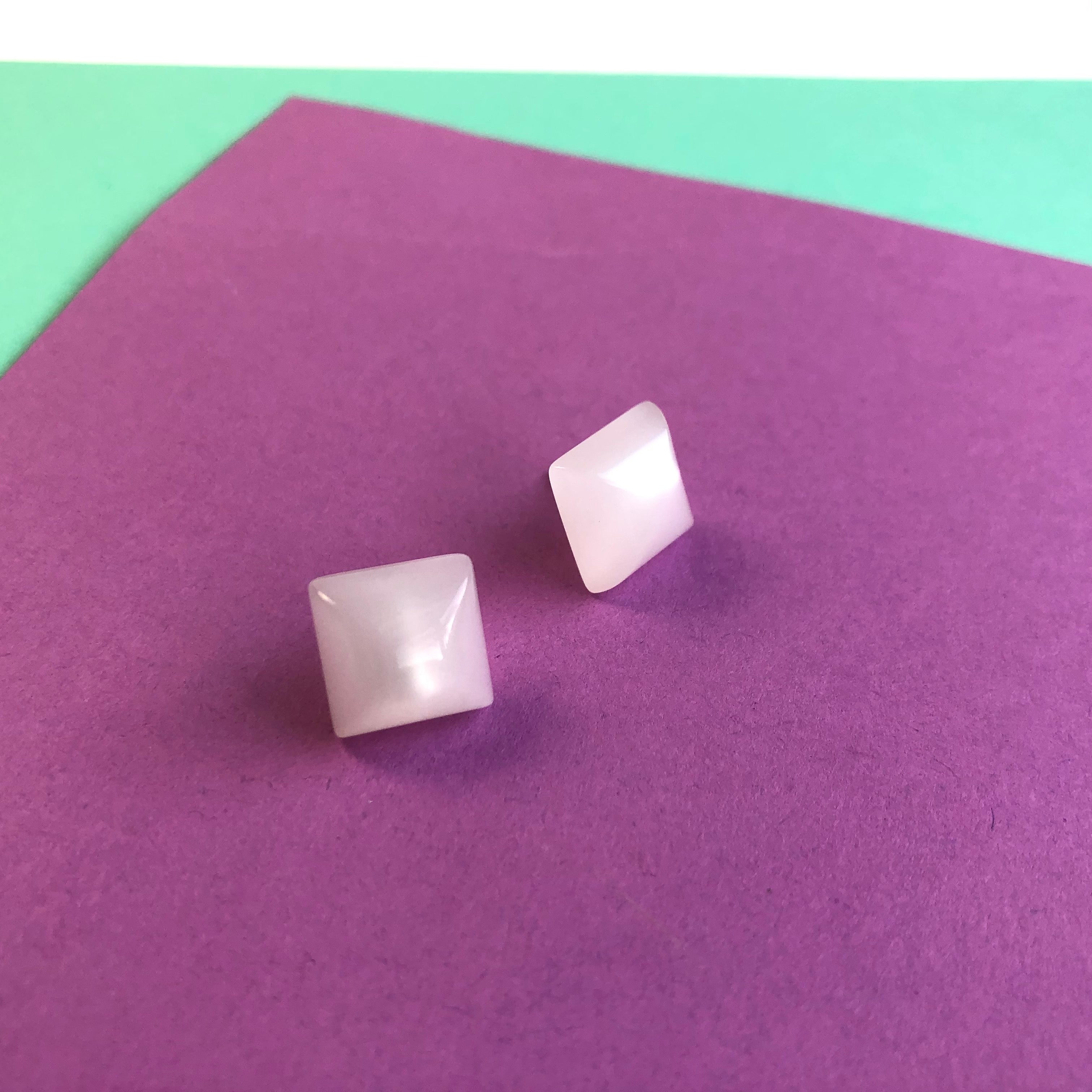 White Moonglow Beveled Square Stud Earrings