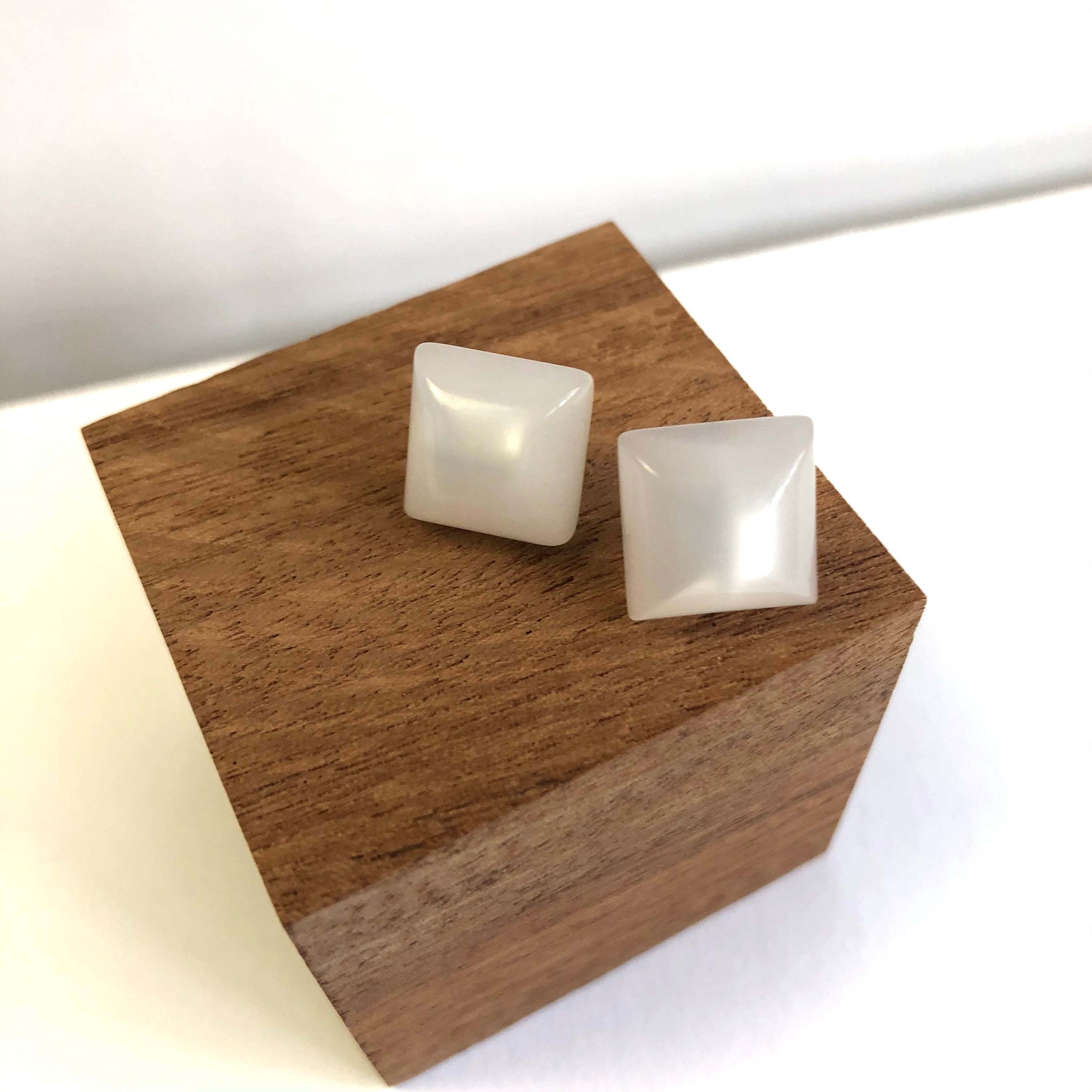 White Moonglow Beveled Square Stud Earrings