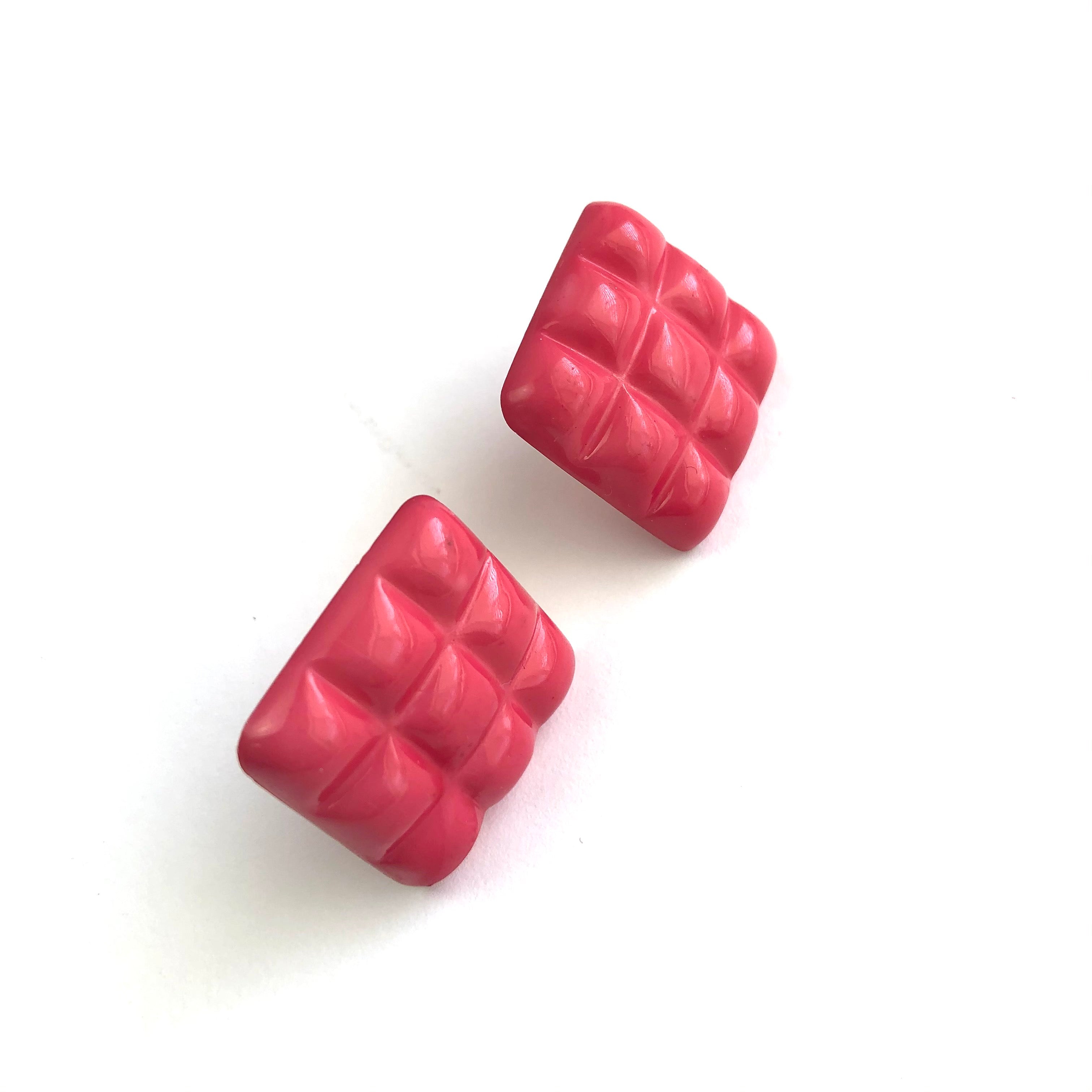 Deep Pink Waffle Square Stud Earrings