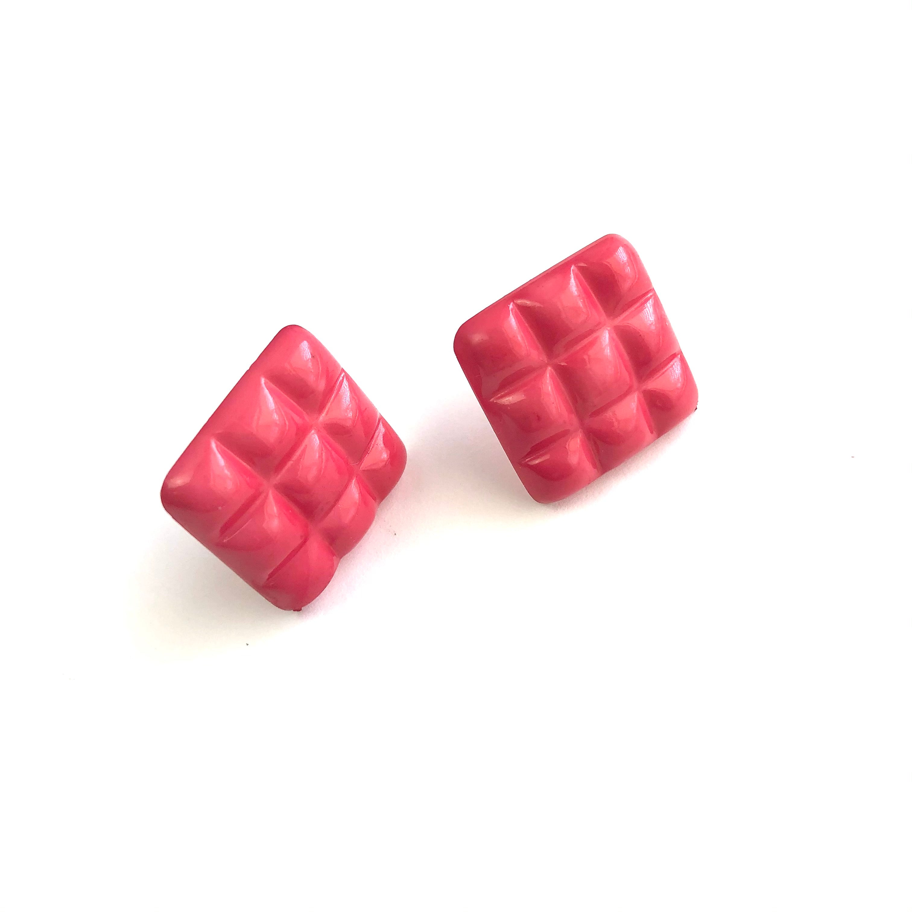 Deep Pink Waffle Square Stud Earrings