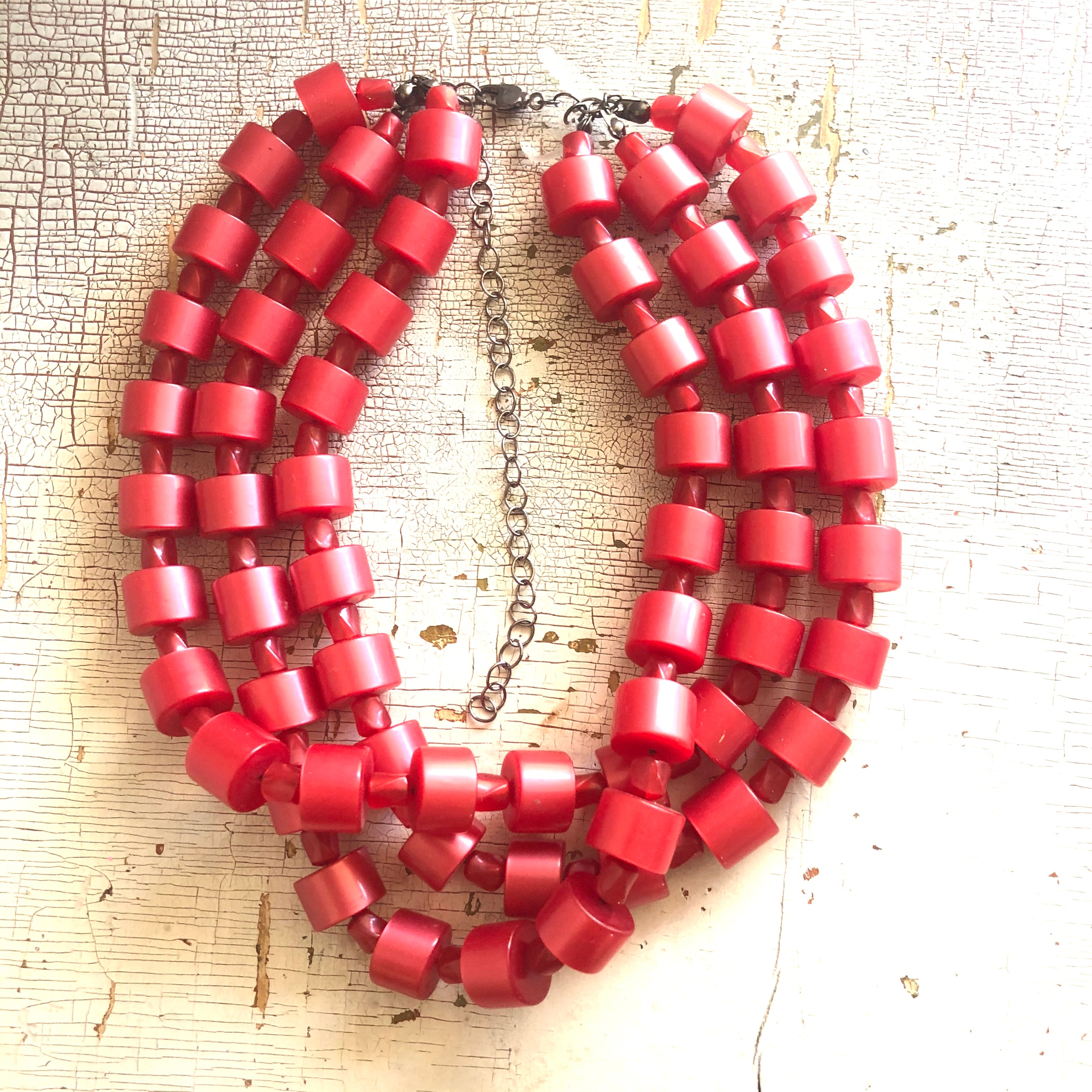 Cherry Red Beaded Tube Multi Strand Morgan Necklace