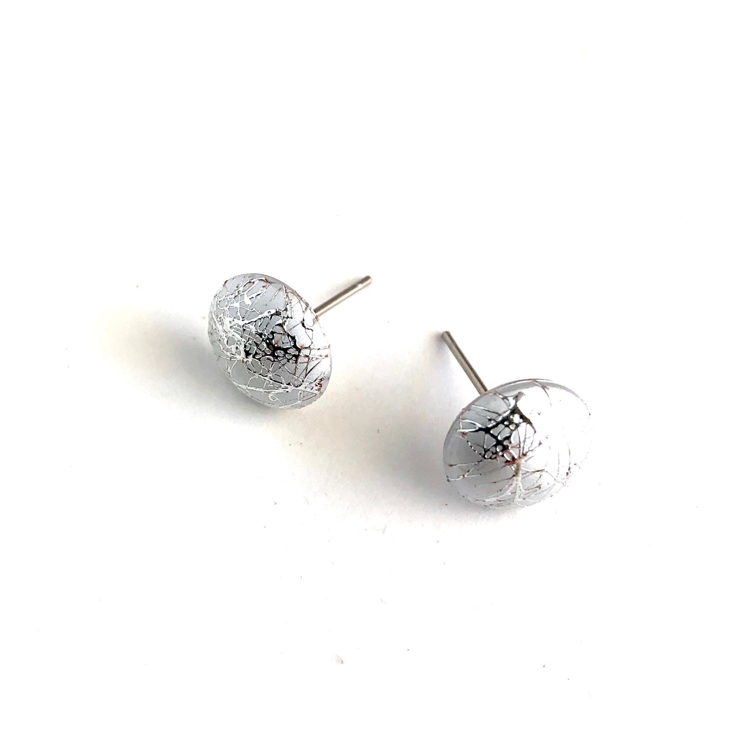 Silver Paint Spattered Metallic Retro Button Stud Earrings