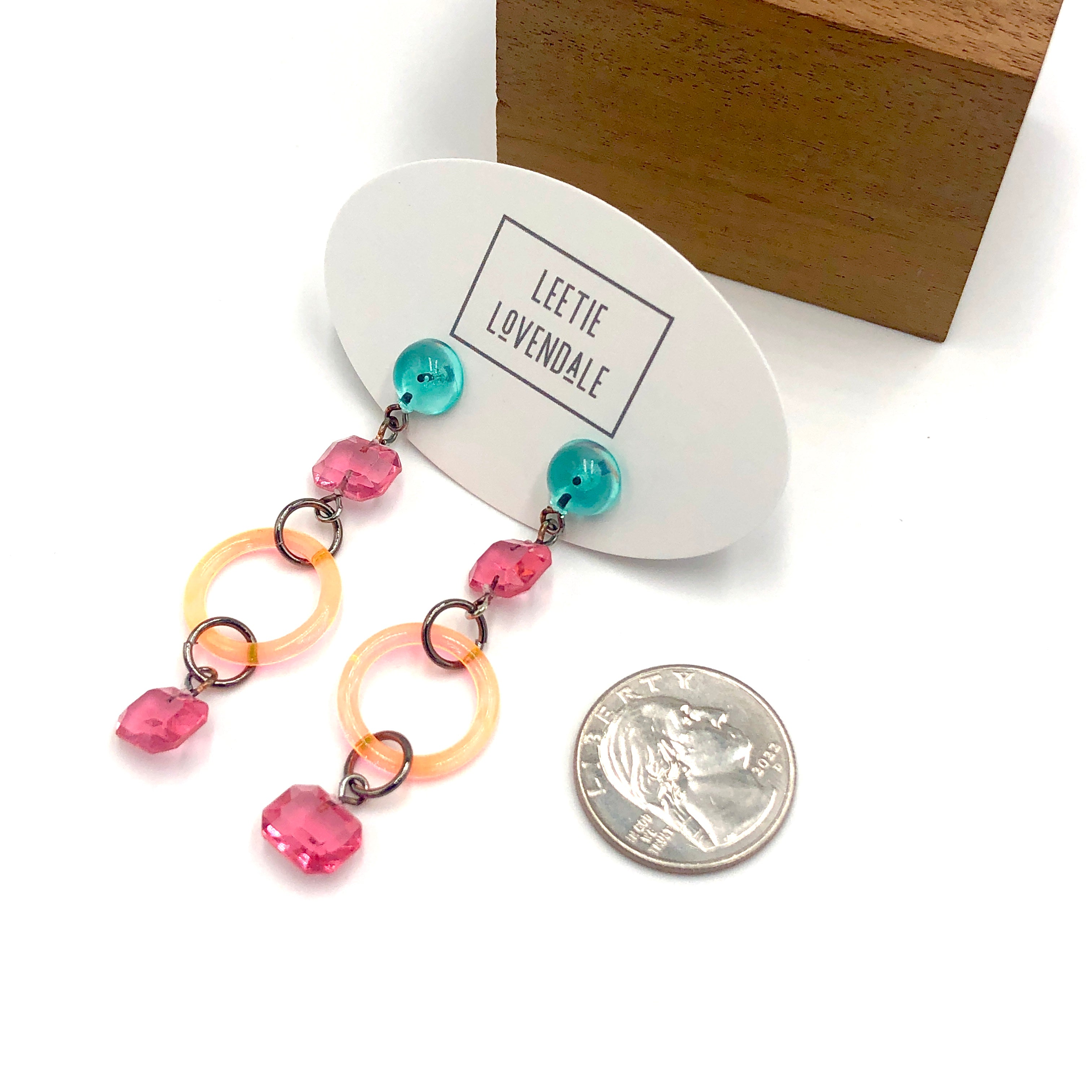 green pink orange linked earrings