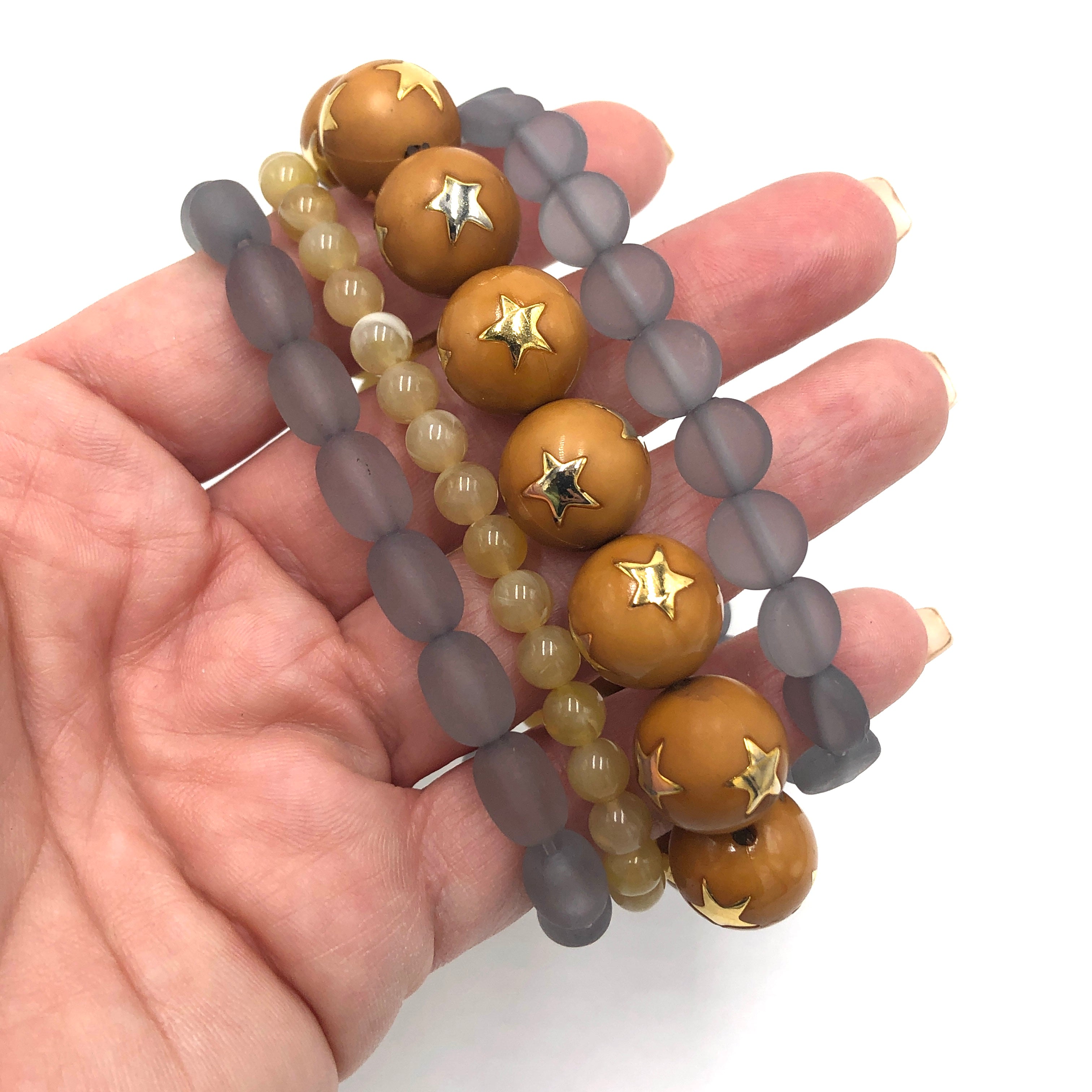 Caramel & Grey Star Stack & Stretch Bracelets Set