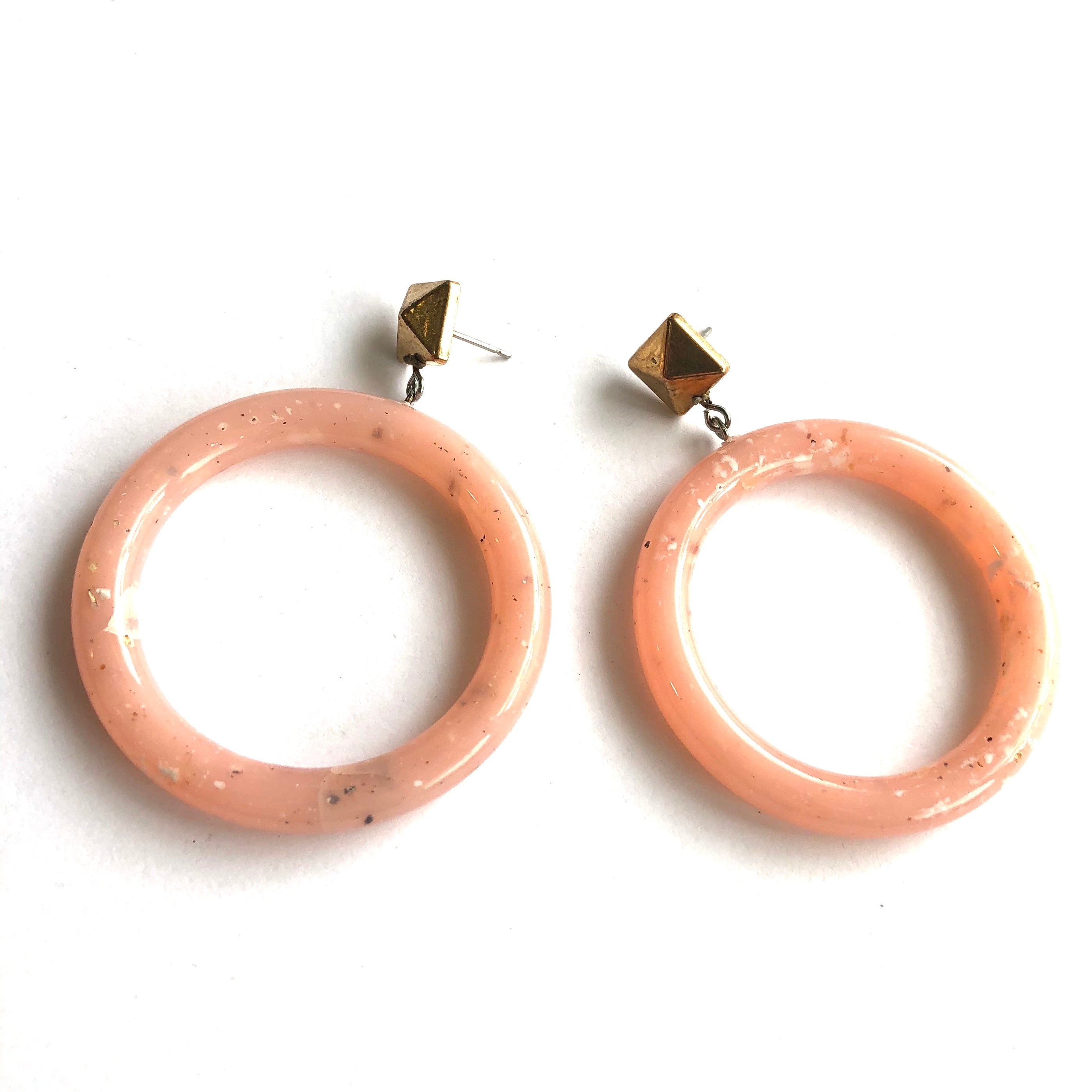 Pink Speckled with Brass Nailhead Donut Drop Earrings