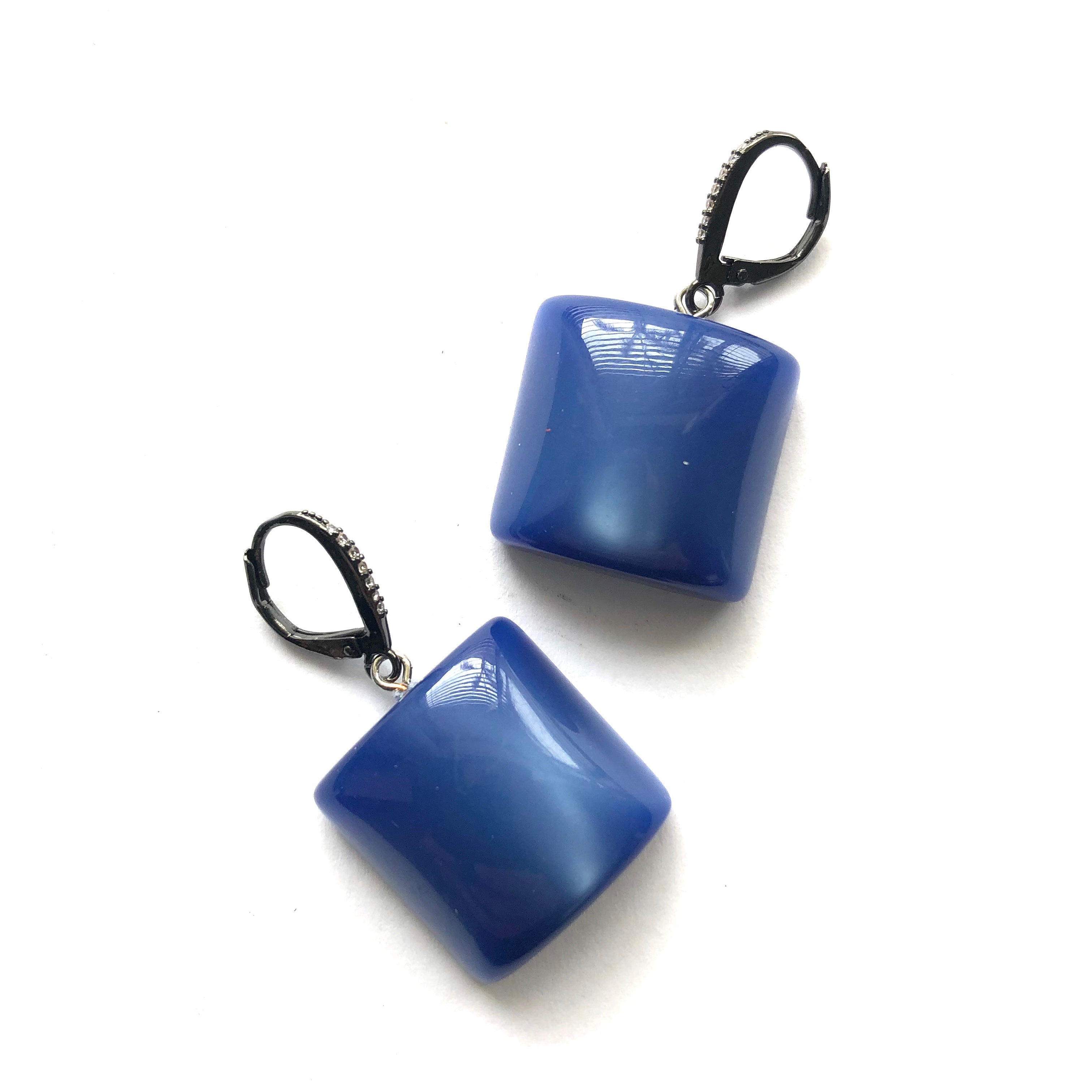 Slate Blue Moonglow Cube & CZ Bling Drop Earrings