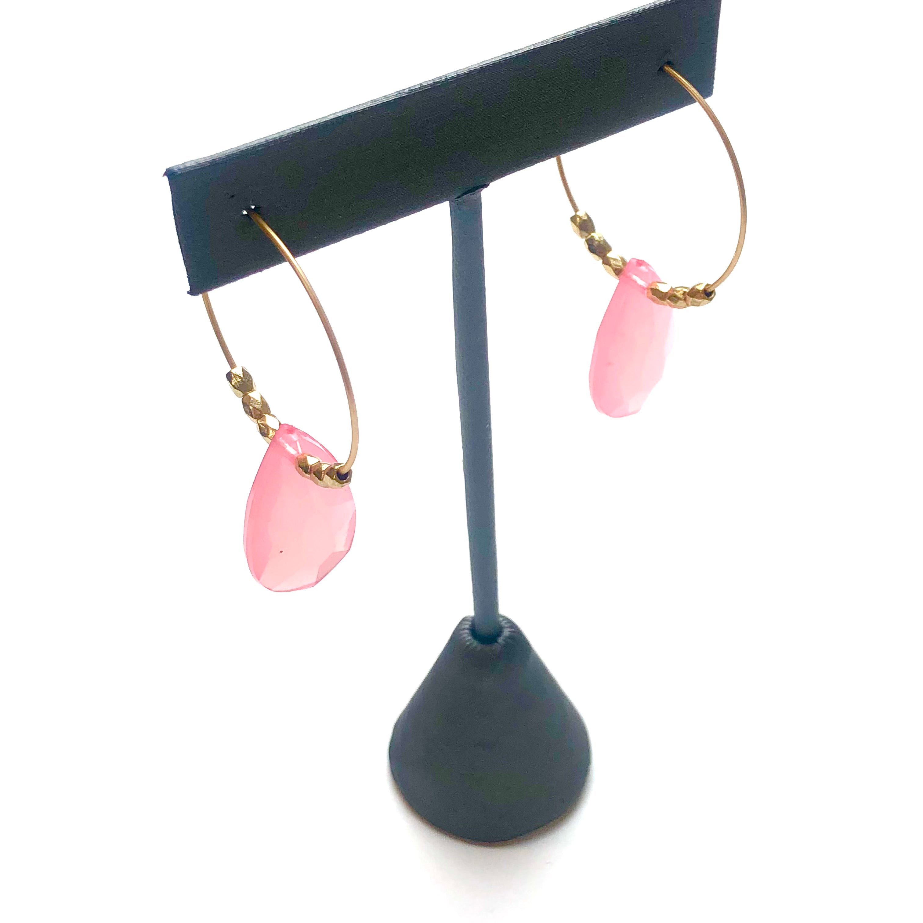 Pink Quartz Faceted Briolette on Gold Hoop Earrings *