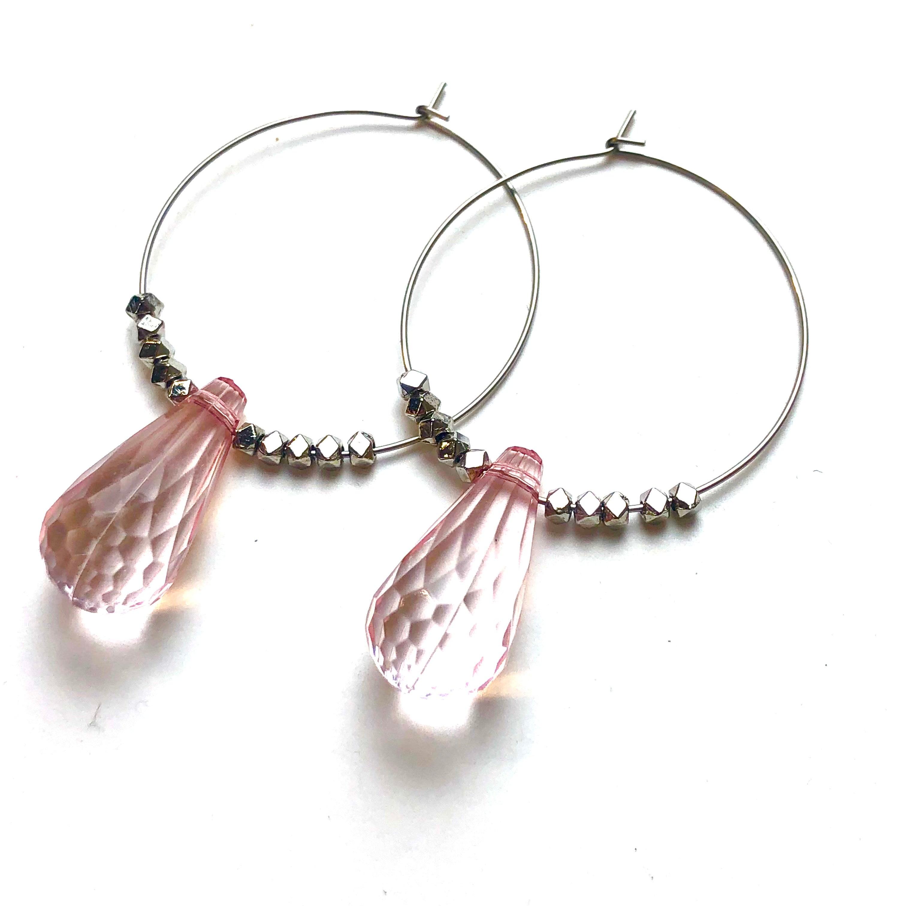 Pink Faceted Briolette on Gun Metal Hoop Earrings *
