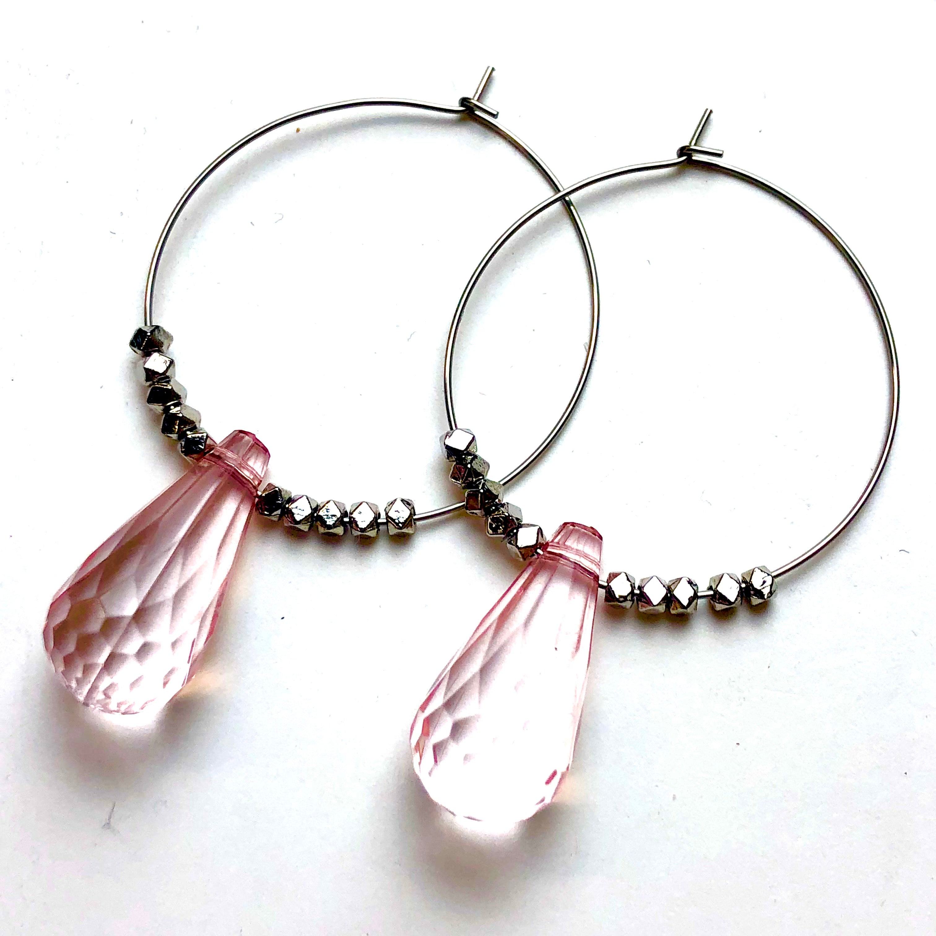 Pink Faceted Briolette on Gun Metal Hoop Earrings *