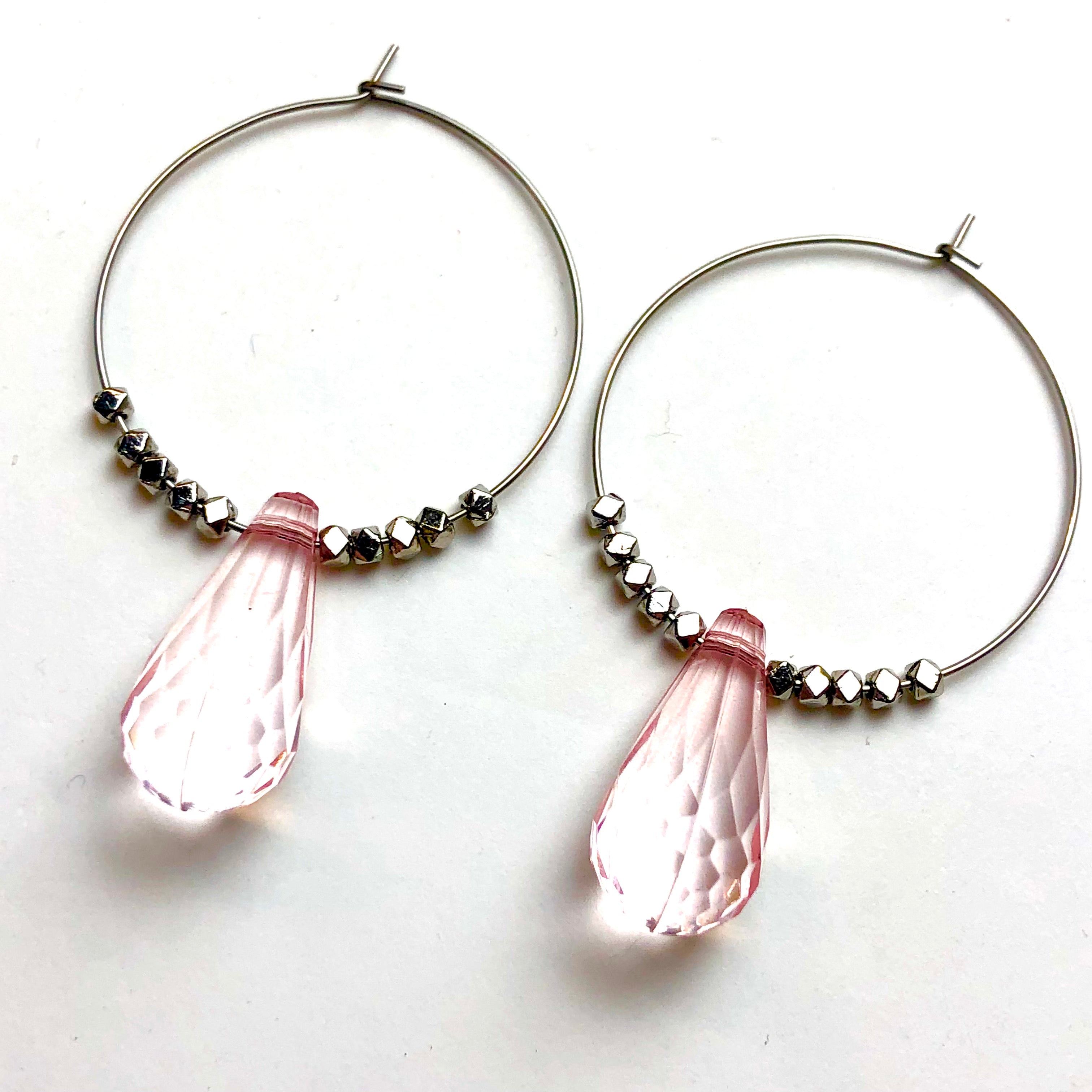 Pink Faceted Briolette on Gun Metal Hoop Earrings *