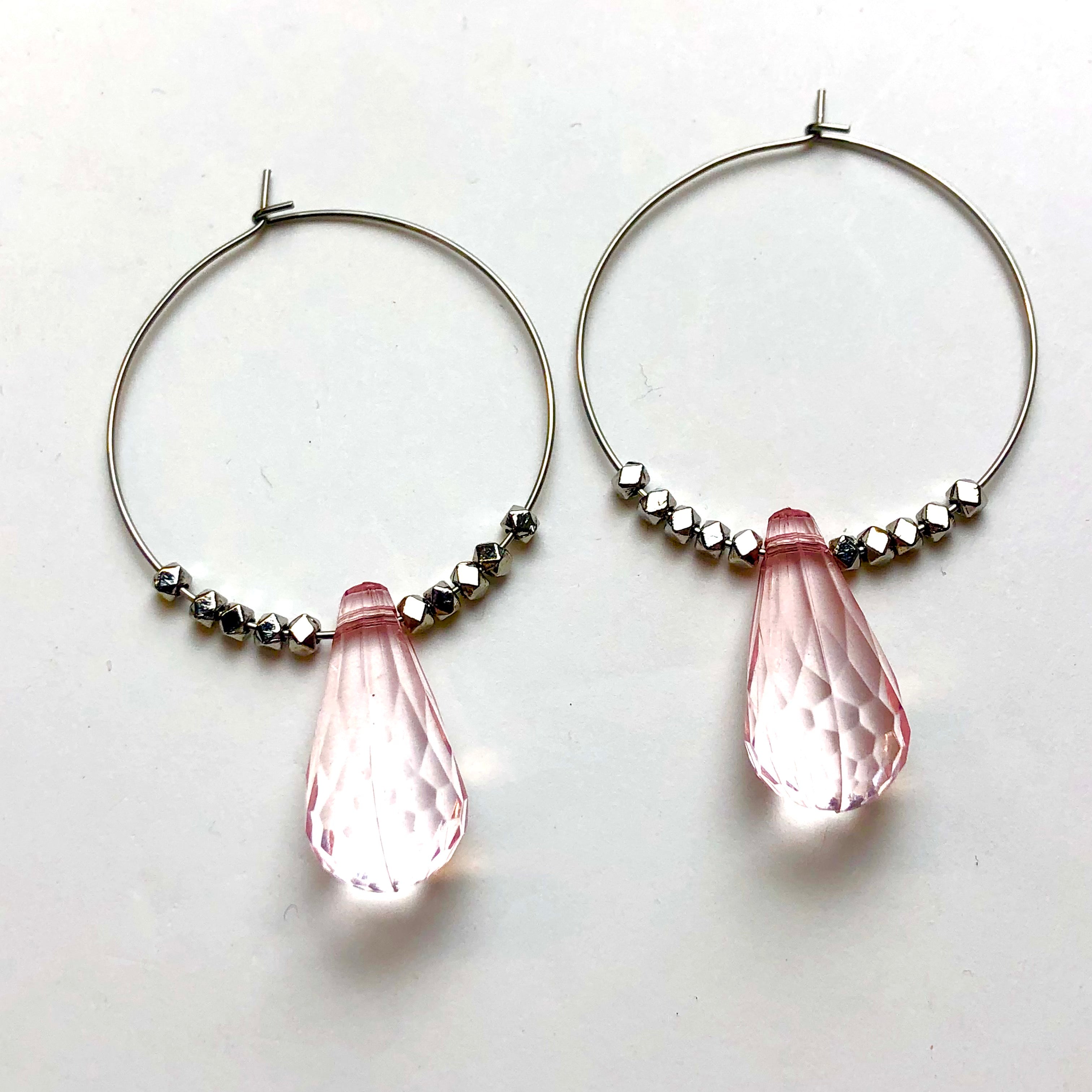 Pink Faceted Briolette on Gun Metal Hoop Earrings *