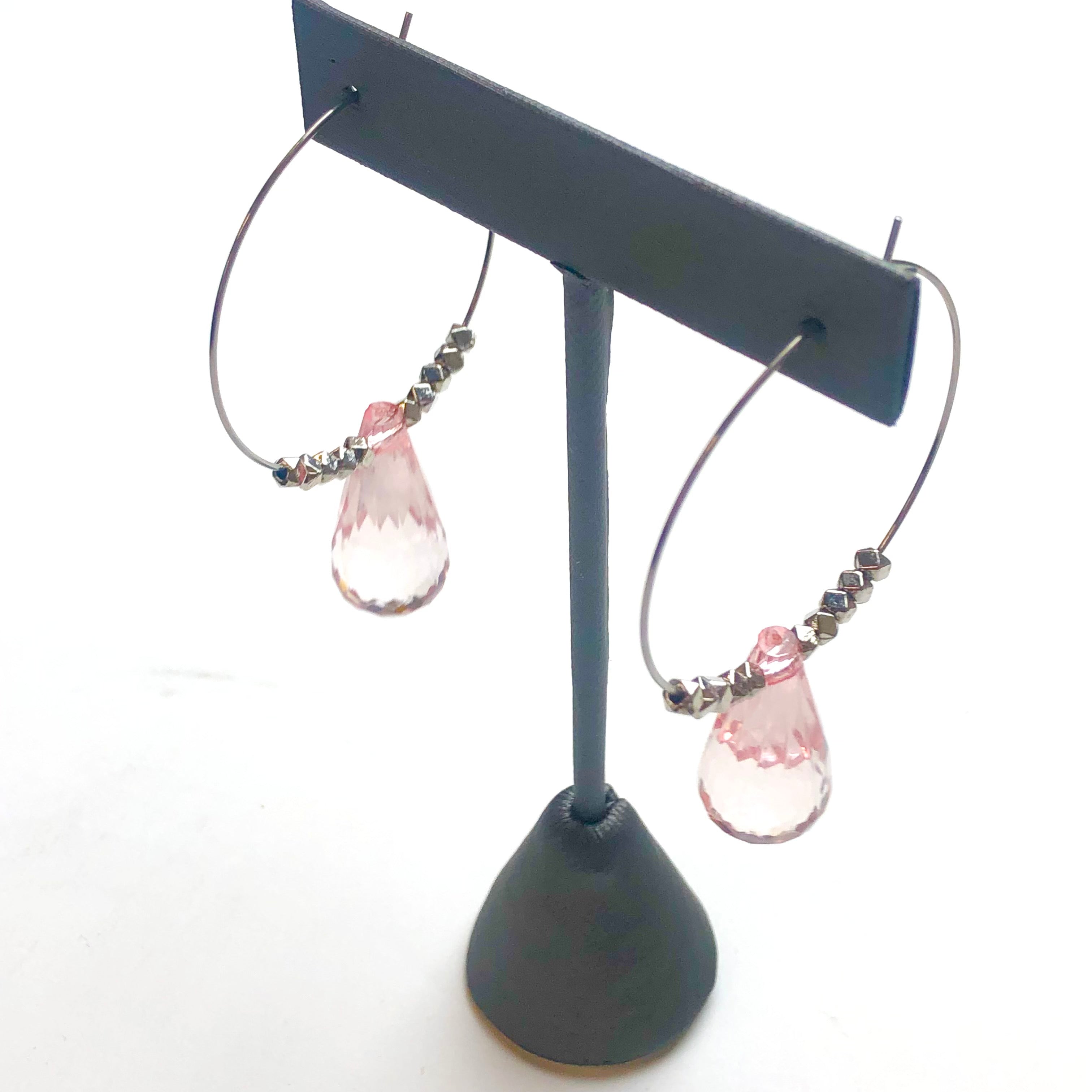 Pink Faceted Briolette on Gun Metal Hoop Earrings *