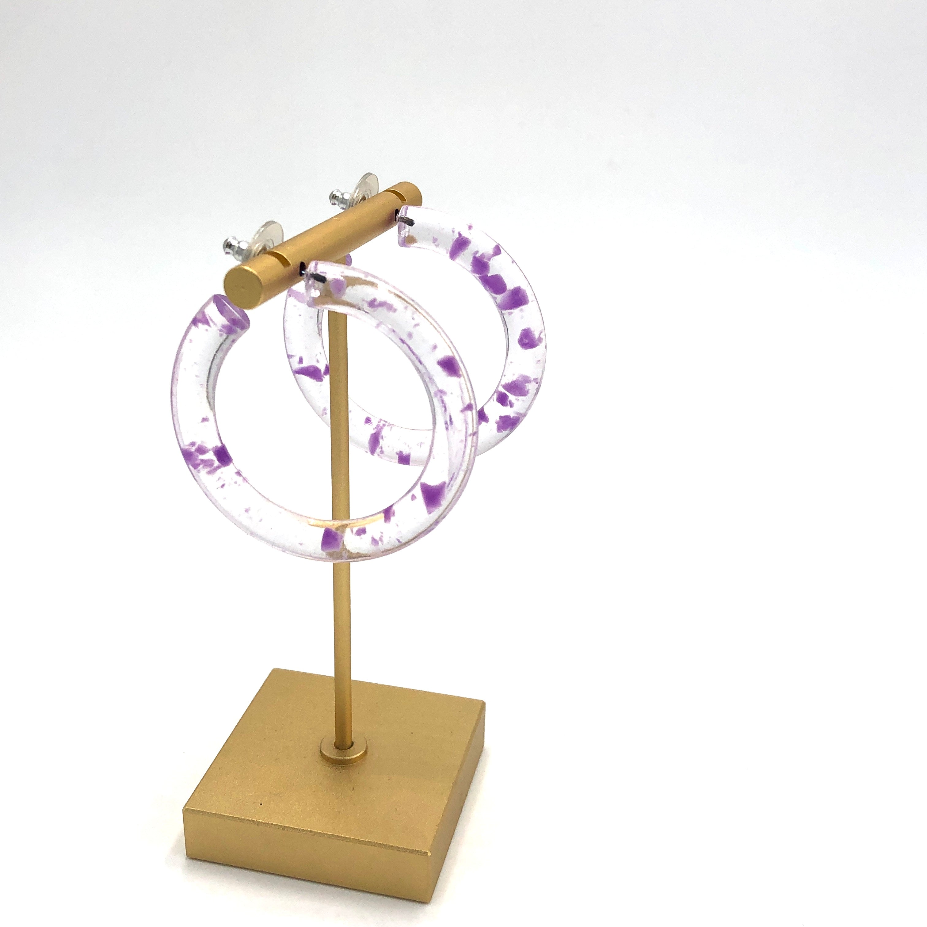 Purple & Clear Confetti Hoop Earrings - 1.75"