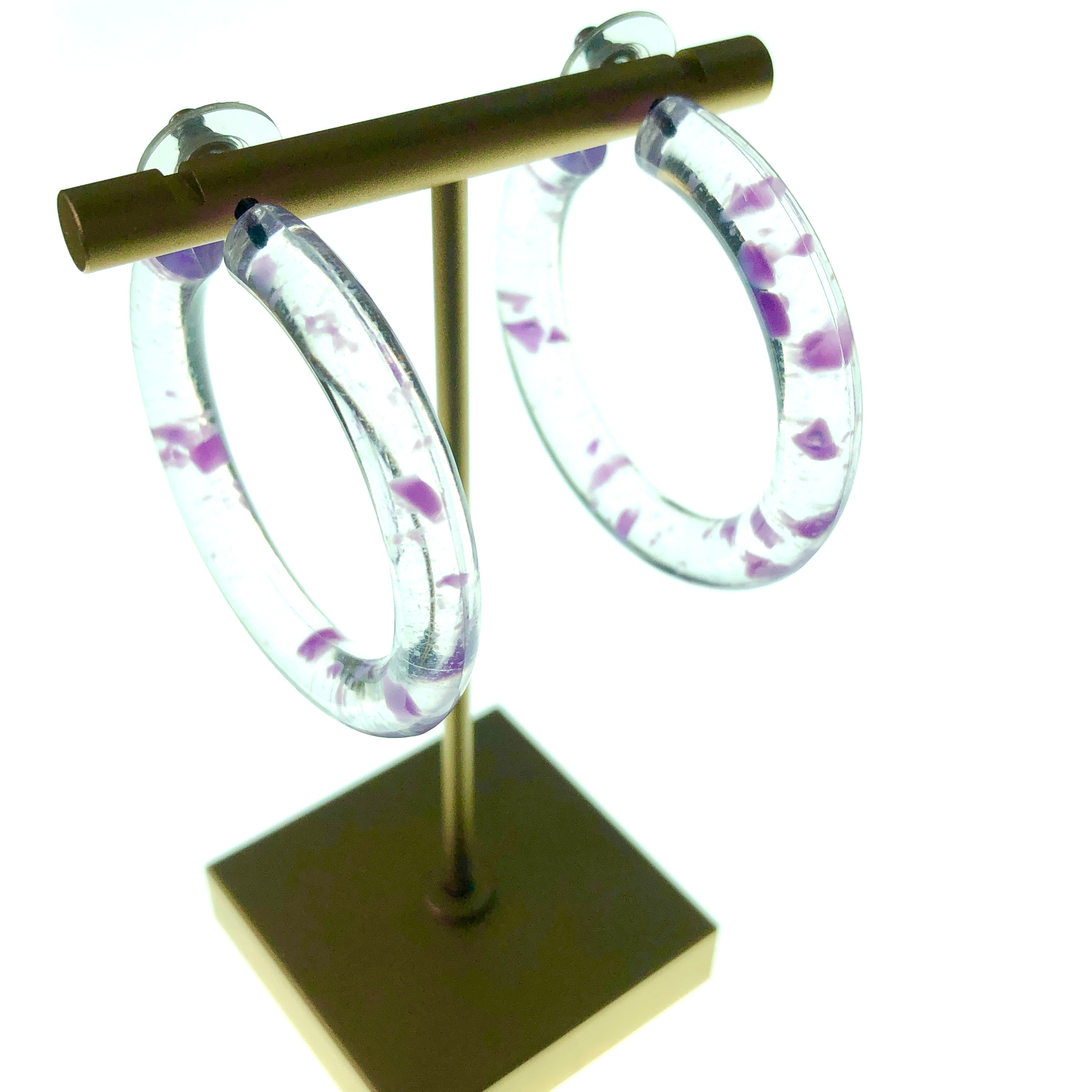 Purple & Clear Confetti Hoop Earrings - 1.75"