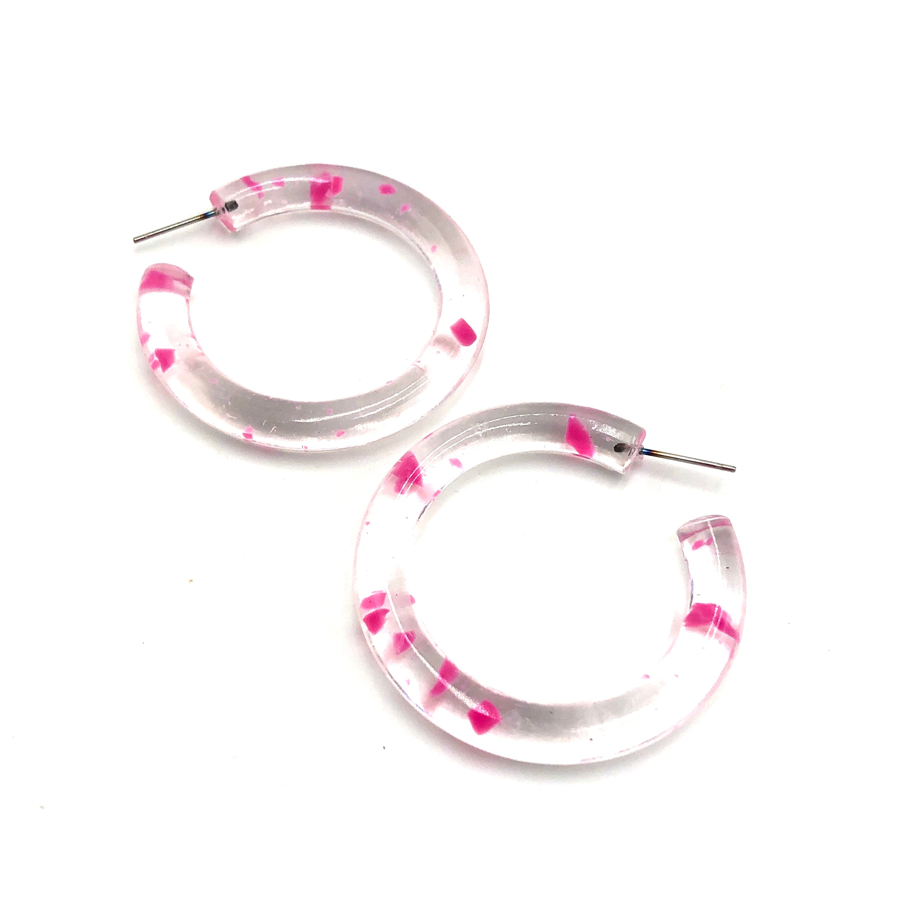 Pink & Clear Confetti Hoop Earrings - 1.75"