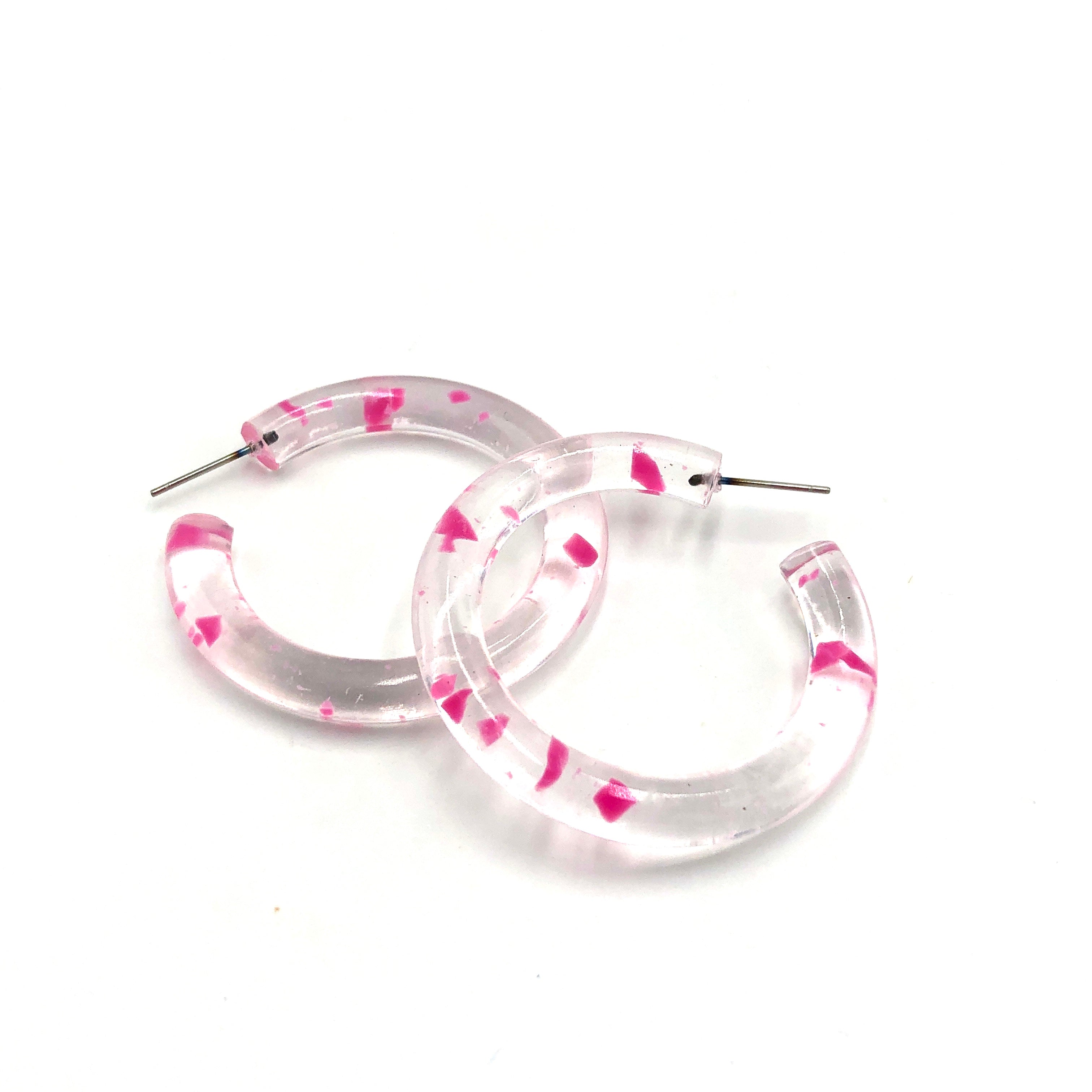 Pink & Clear Confetti Hoop Earrings - 1.75"