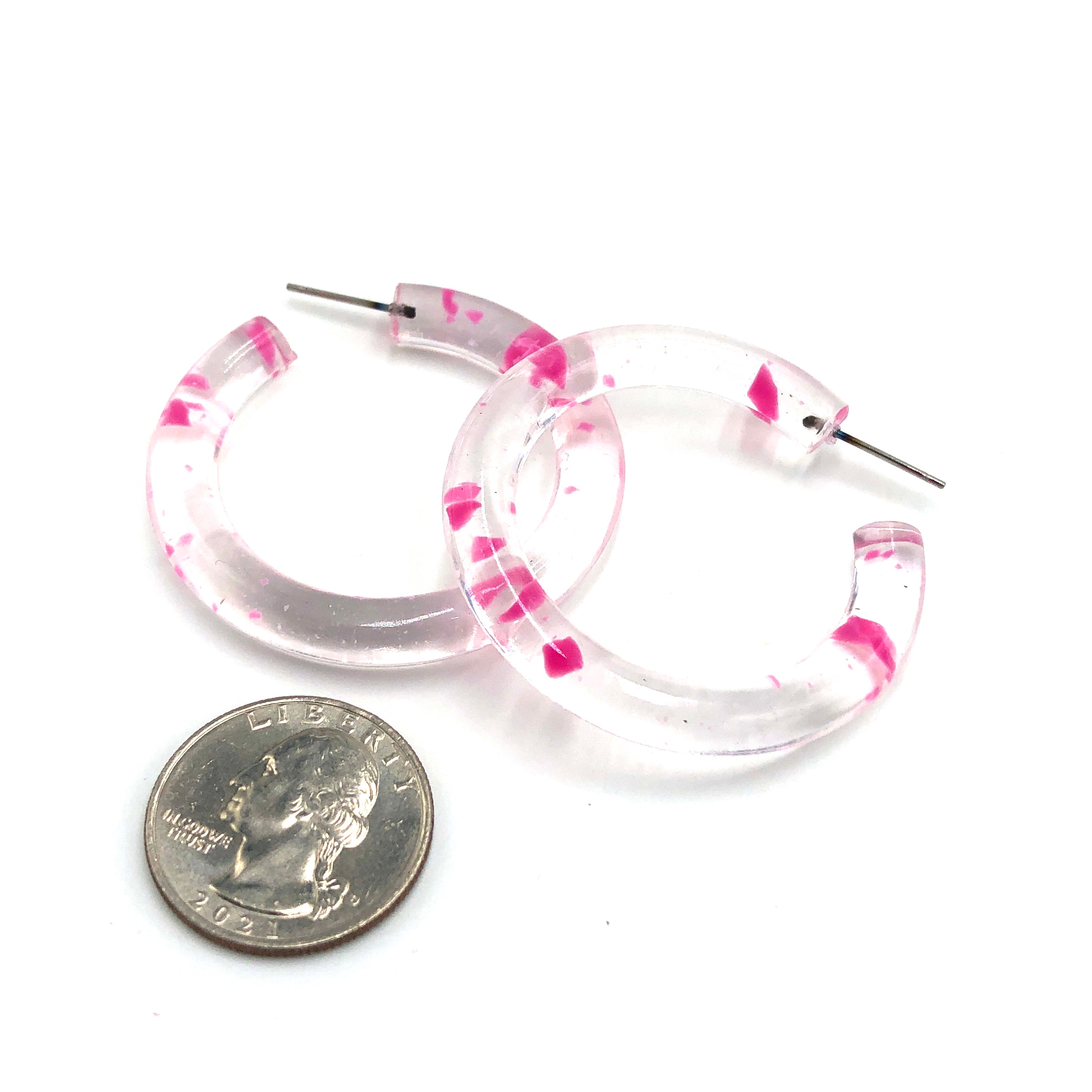 Pink & Clear Confetti Hoop Earrings - 1.75"
