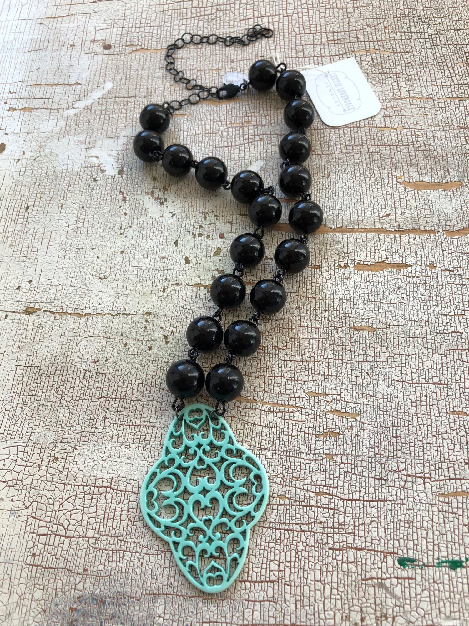 Black &amp; Turquoise Boho Lace Beaded Aleta Necklace