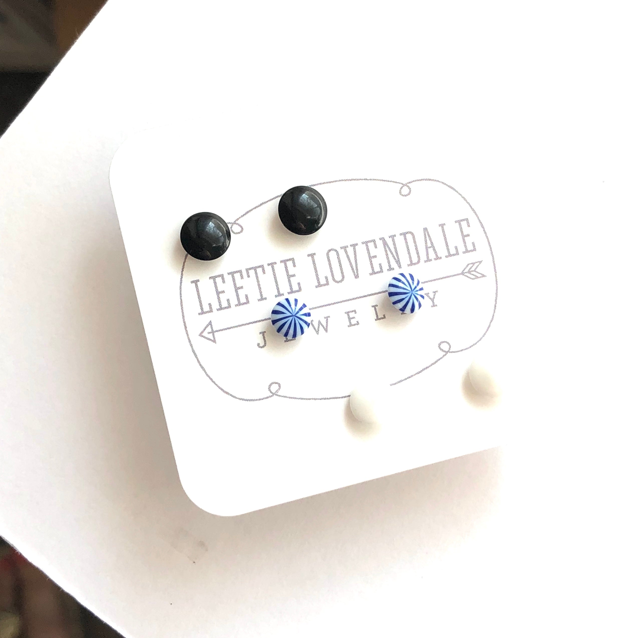 Black and Blue and White Tiny Vintage Lucite Stud Earrings Set