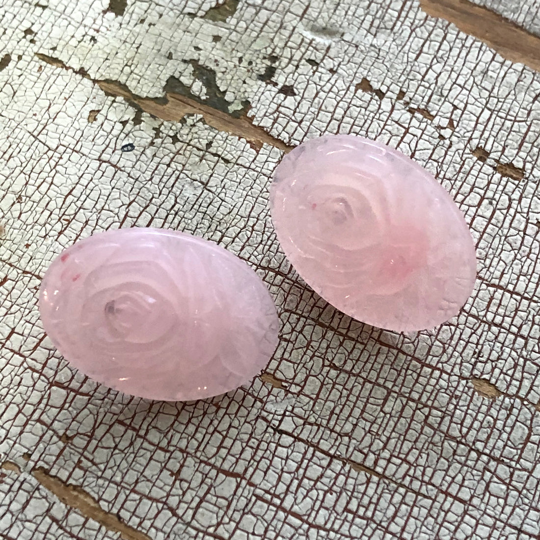 Pink Opal Carved Rose Oval Button Stud Earrings