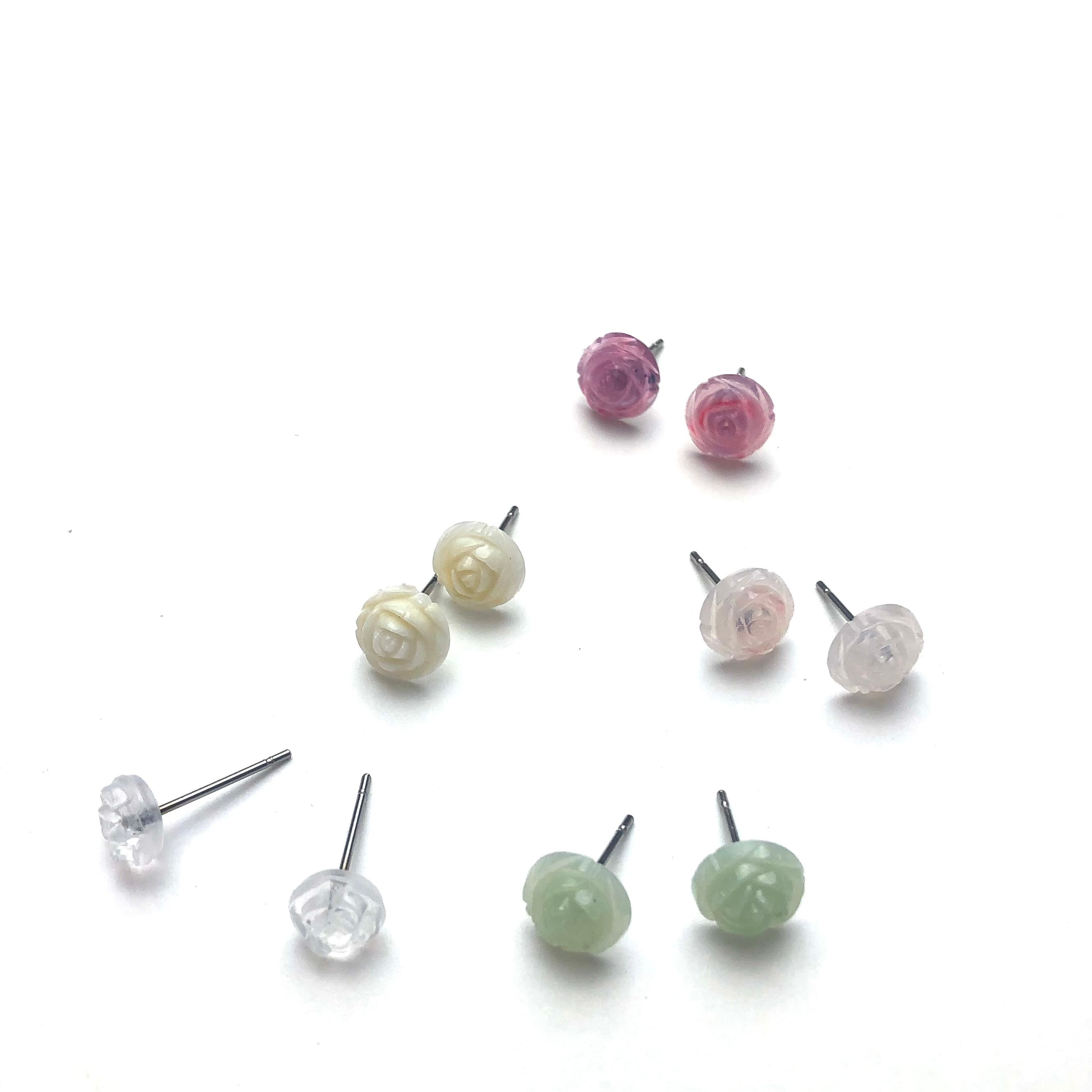 Cream White Carved Rose Stud Earrings