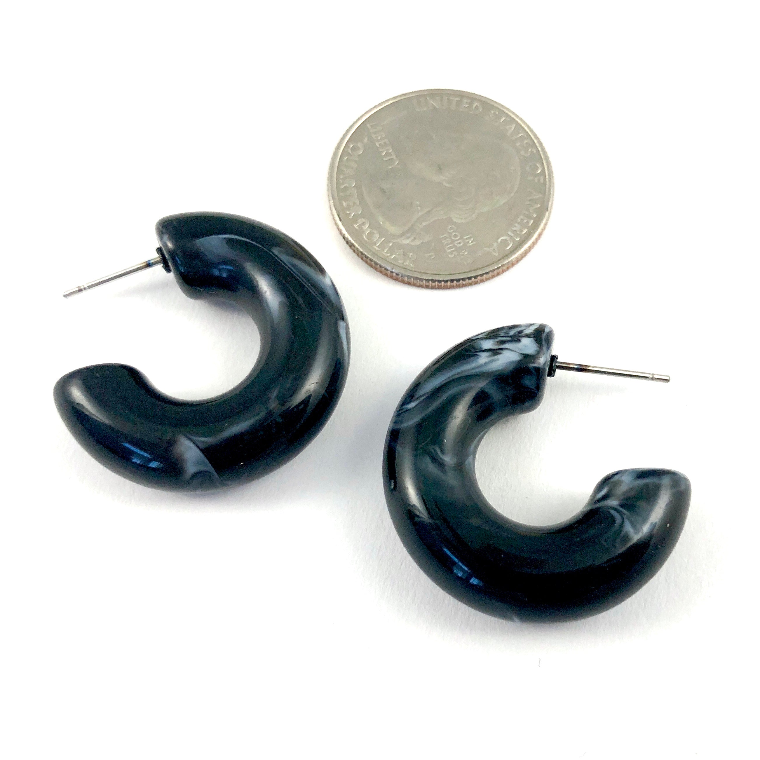 Black Marbled Chunky Polly Hoop Earrings