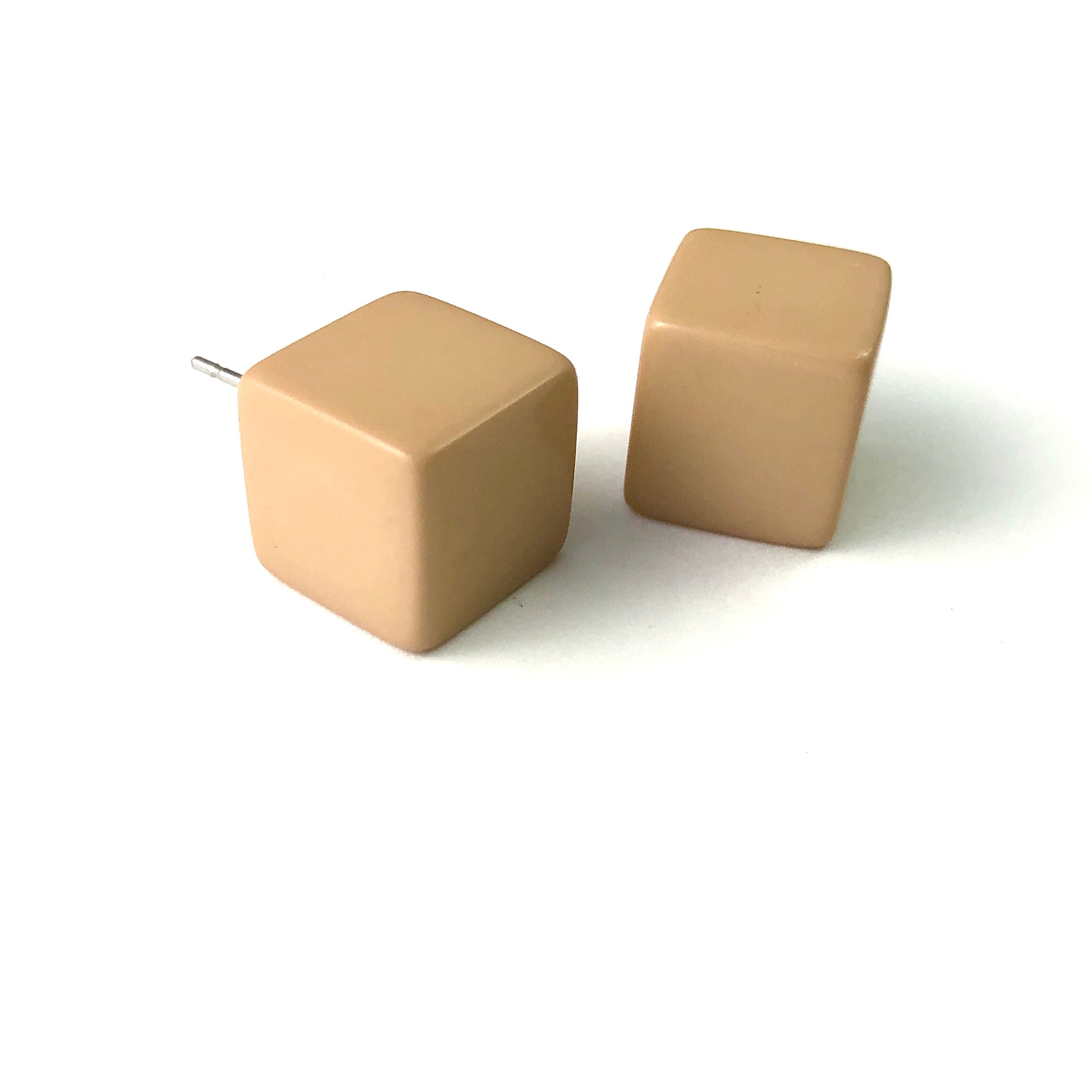 Khaki Beige Jumbo Cube Stud Earrings