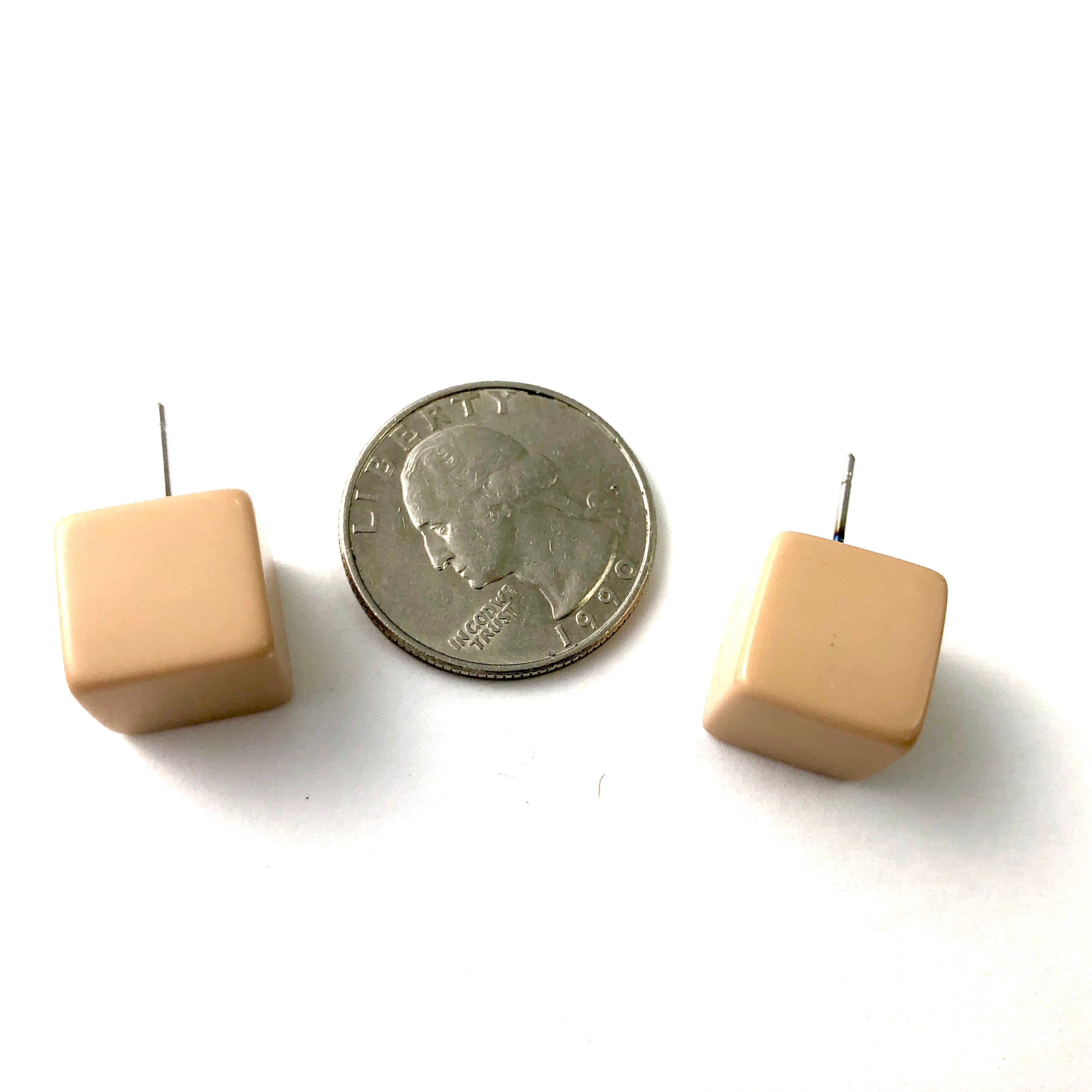 Khaki Beige Jumbo Cube Stud Earrings