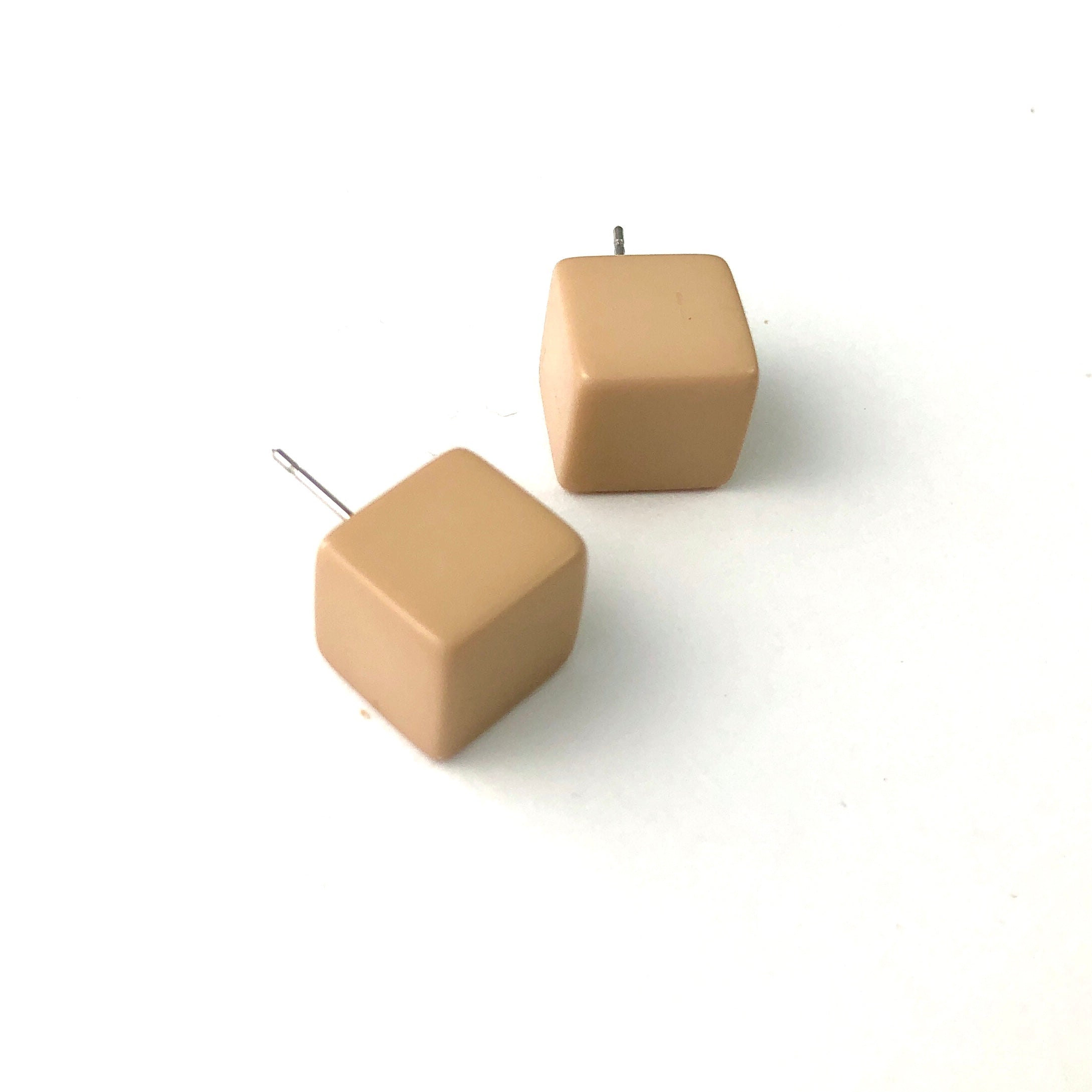 Khaki Beige Jumbo Cube Stud Earrings