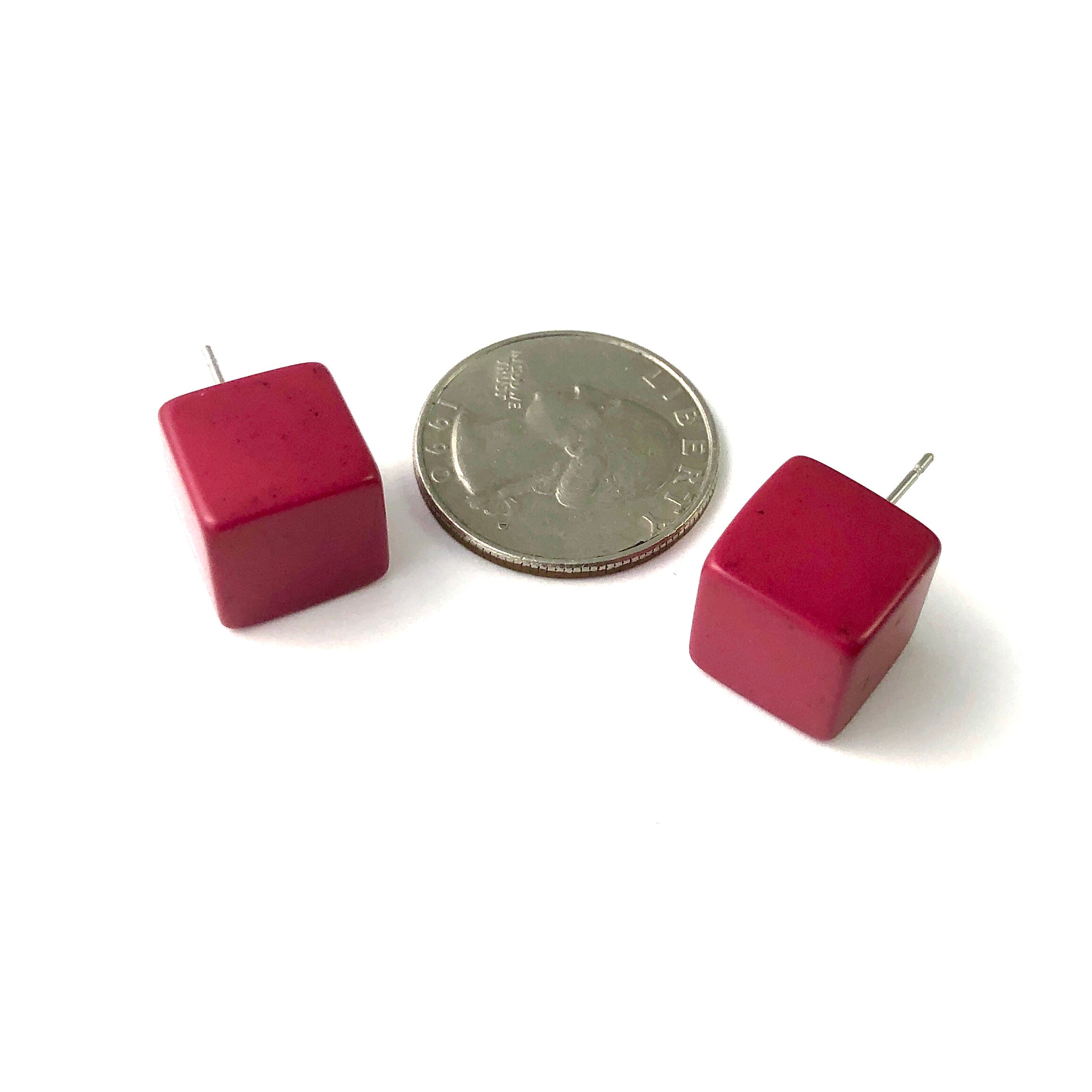 Deep Magenta Pink Jumbo Cube Stud Earrings