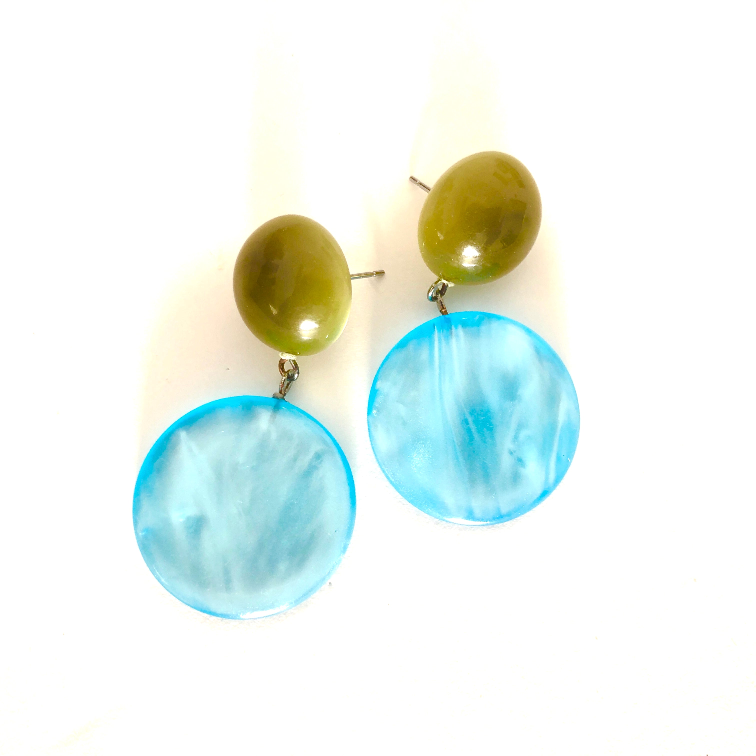 Ice Blue & Olive Moonglow Statement Lucite Drop Earrings