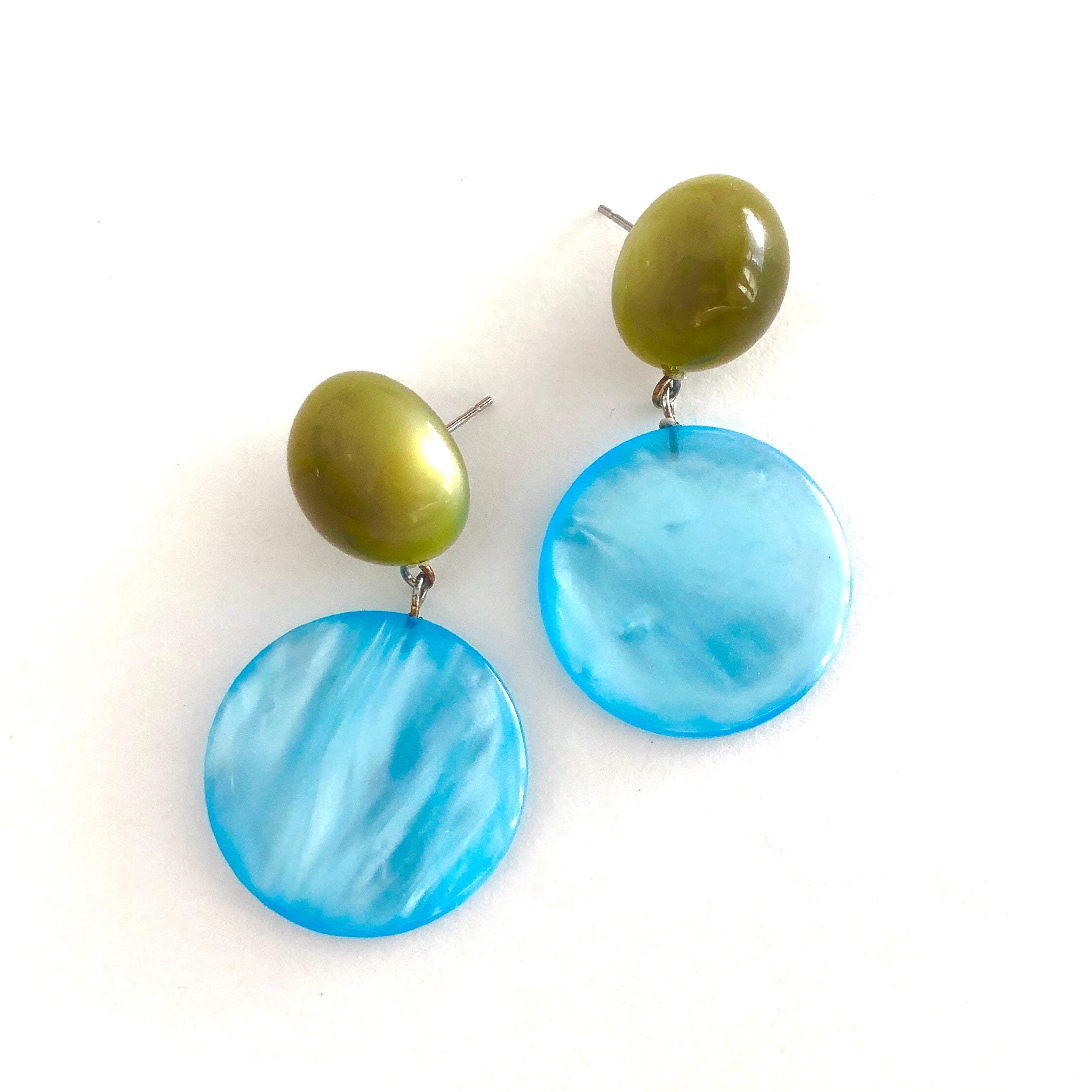 Ice Blue & Olive Moonglow Statement Lucite Drop Earrings