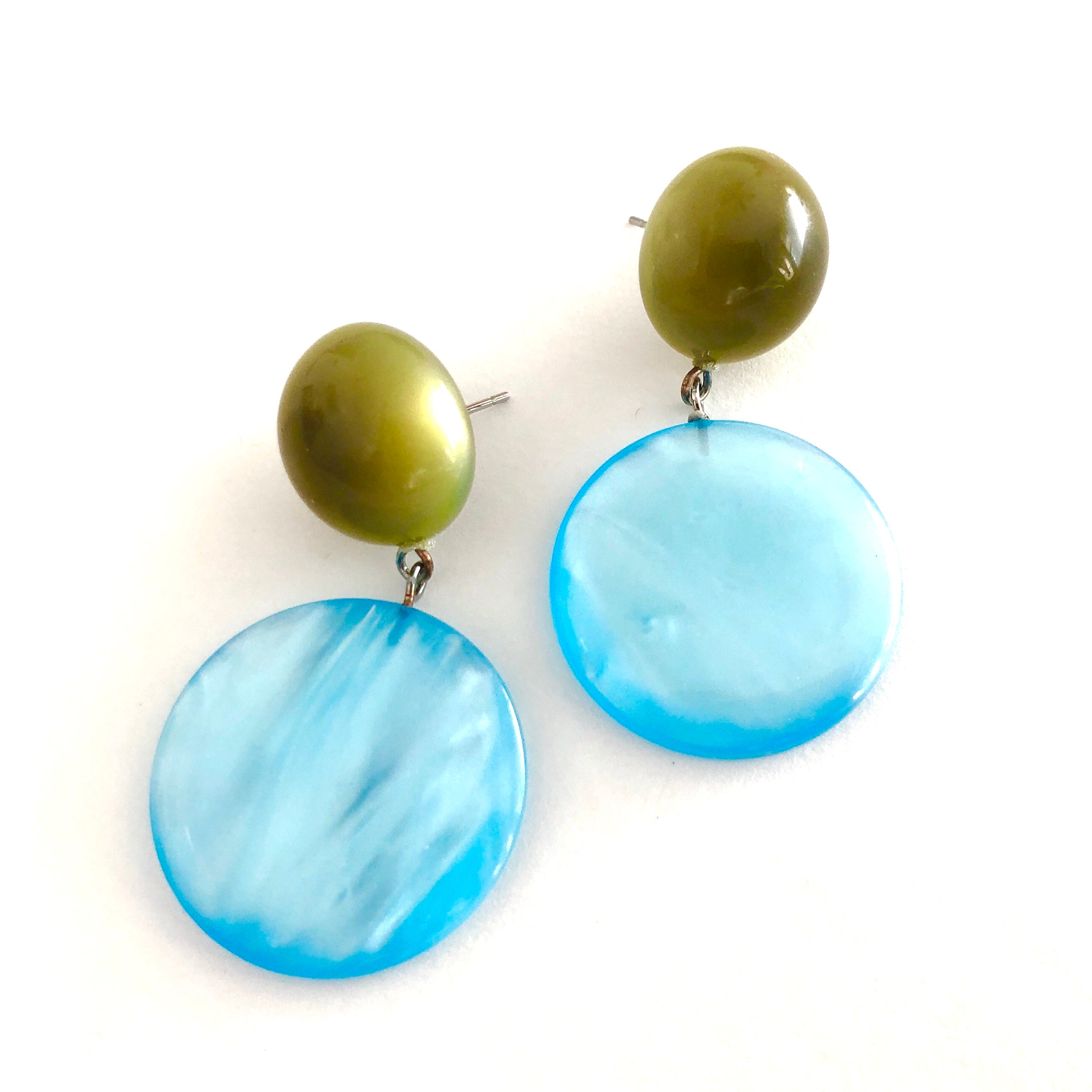 Ice Blue & Olive Moonglow Statement Lucite Drop Earrings