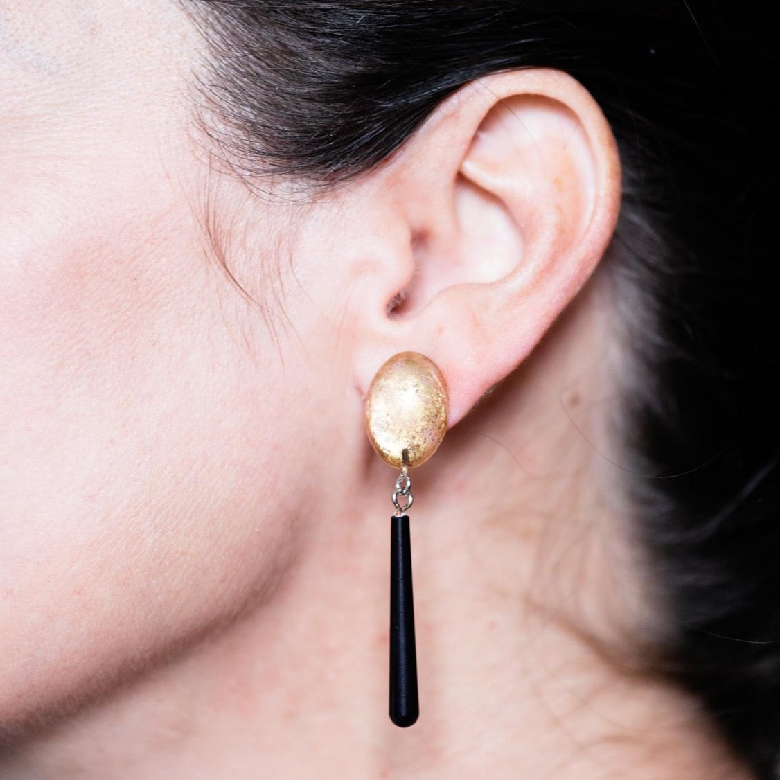 Gold Mercury & Skinny Black Teardrop Earrings