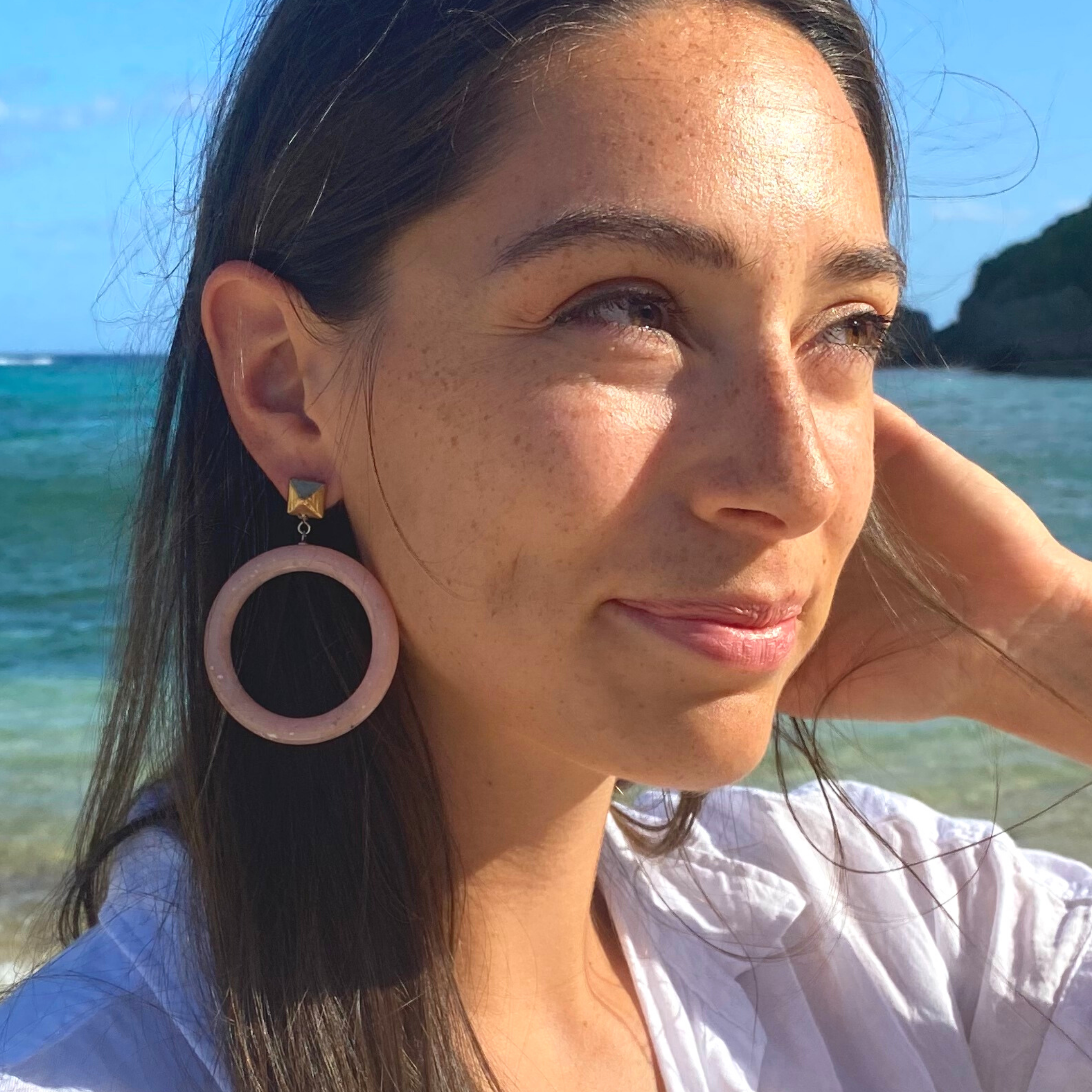 Ice Blue Speckled with Brass Nailhead Donut Drop Earrings