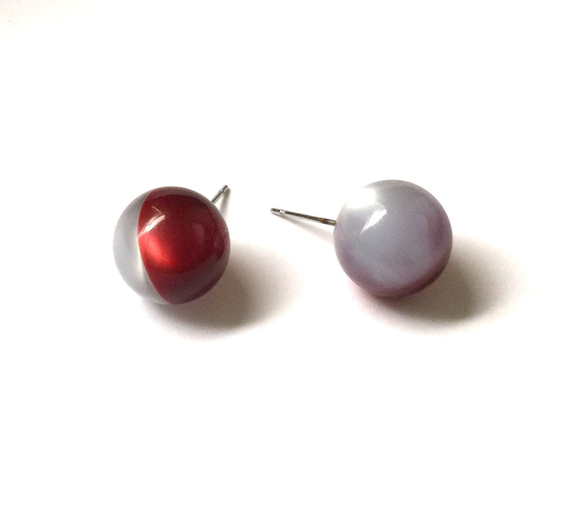 grey red stud earrings