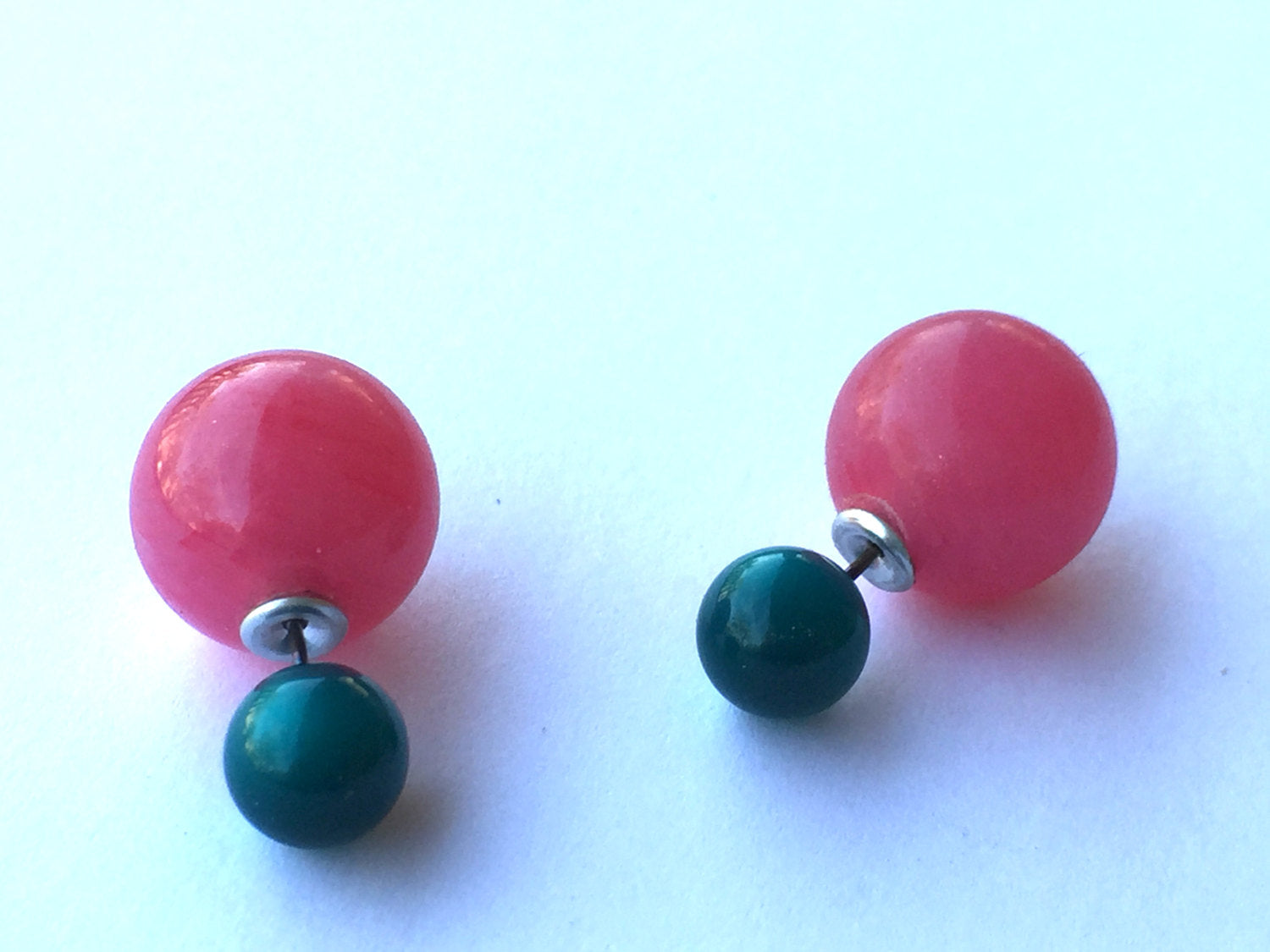 Deep Teal Green with Fuchsia Pink 2 Sided Stud Earrings