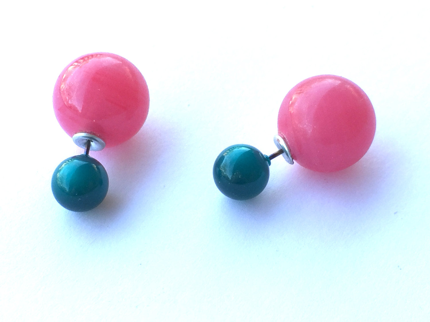 Deep Teal Green with Fuchsia Pink 2 Sided Stud Earrings