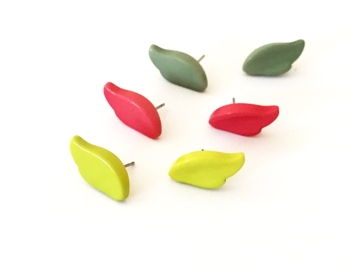 green pink and lime feather stud earings