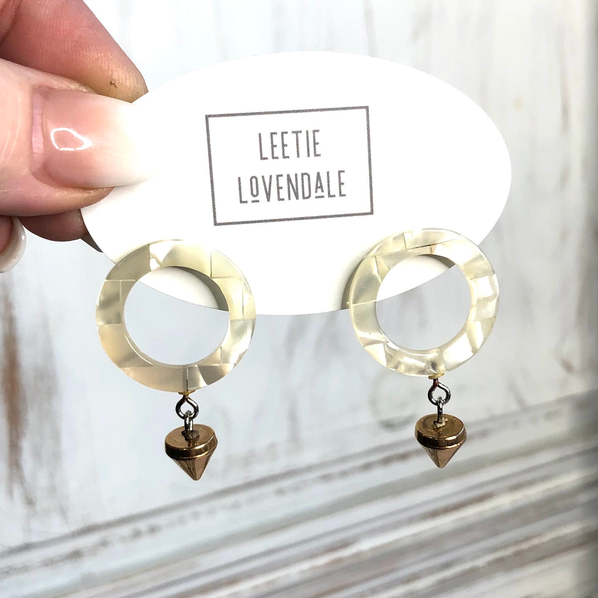 Gold Spike Drop & Shell Quilted Lucite Donut Drop Earrings