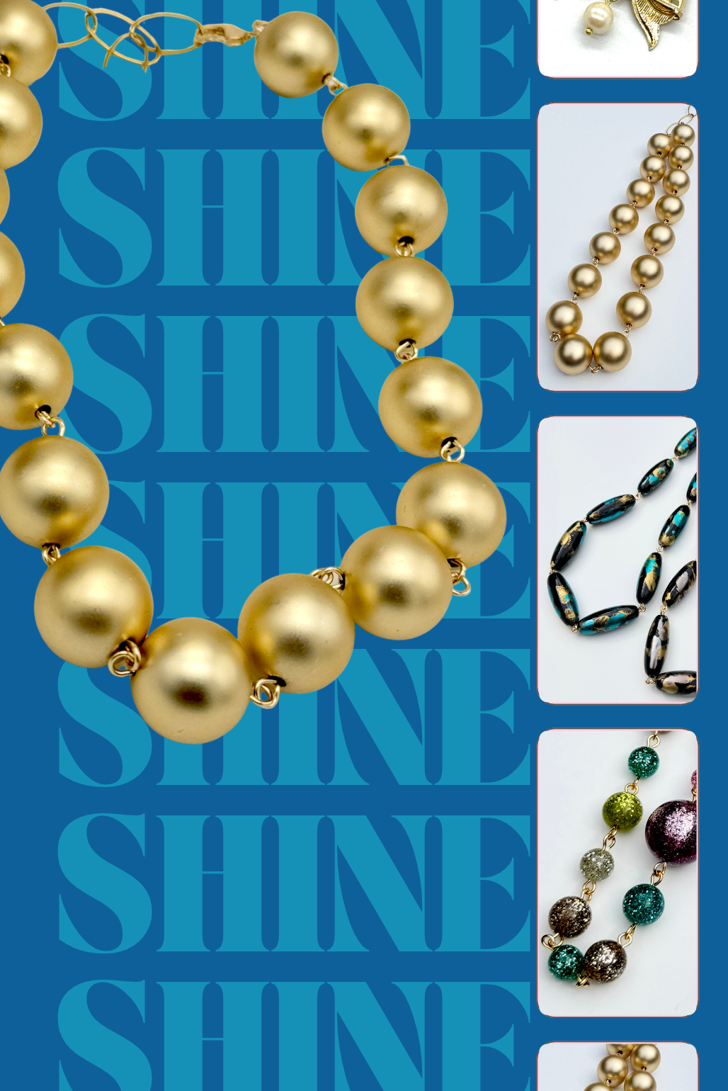 promotional image for jewelry. text says "shine" in repeat.  3 necklaces with lots of sparkle