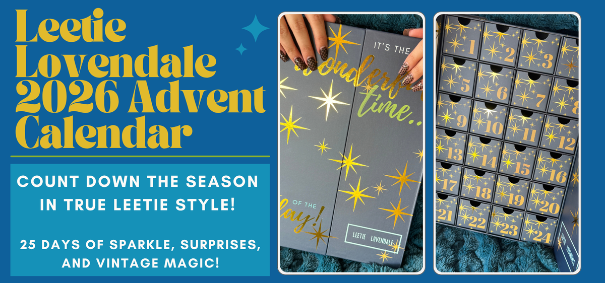 Promotional graphic for the Leetic Lovendale 2026 Advent Calendar, showing a pre-order offer with text on the left, a closed gray calendar with gold star graphics in the center, and an open calendar revealing numbered compartments on the right.