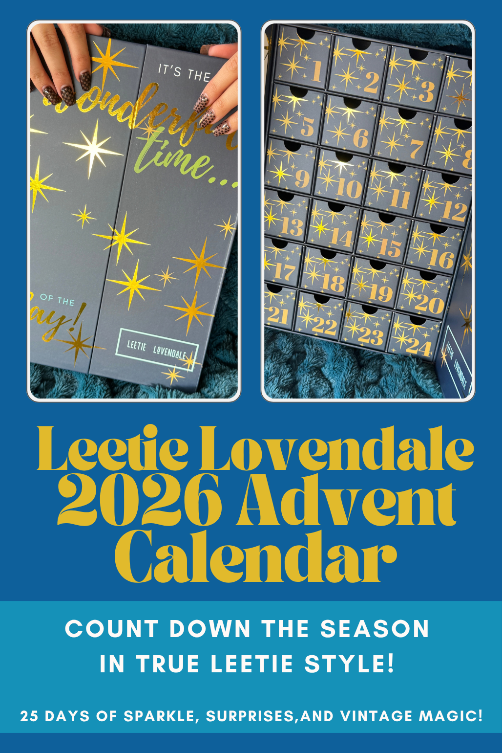 Promotional graphic for the Leetic Lovendale 2026 Advent Calendar, showing a pre-order offer with text on the left, a closed gray calendar with gold star graphics in the center, and an open calendar revealing numbered compartments on the right.