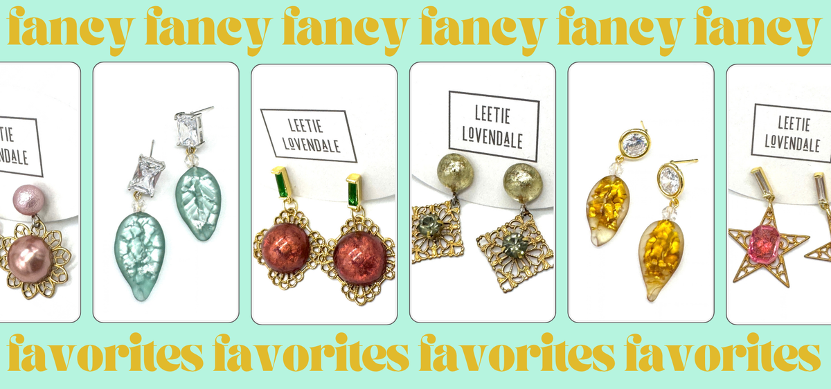 promotional image 6 pairs of jeweled earrings with repeating text "fancy" and "favorites"