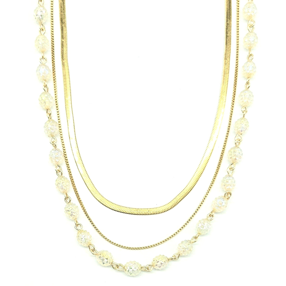 Three-strand necklace with gold chains and clear-colored beads on a white background